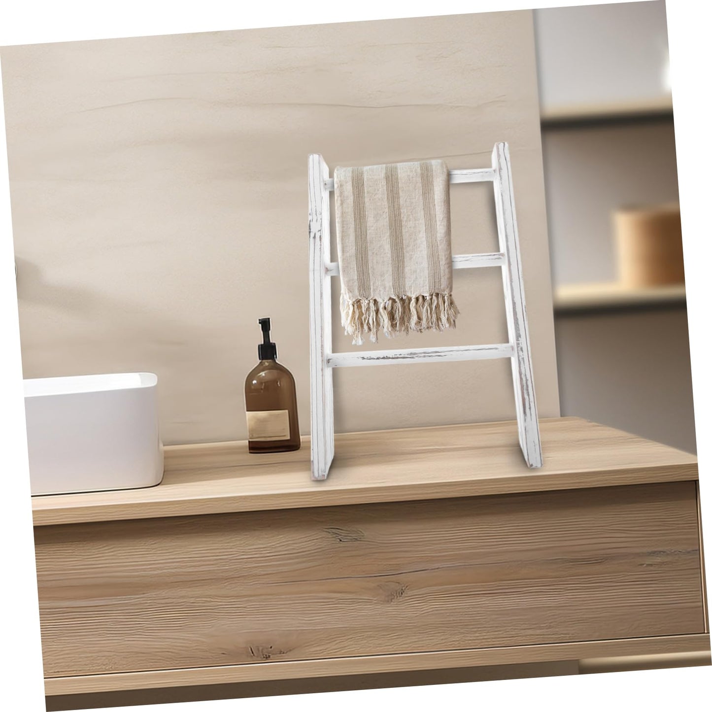 Kichvoe Mini Ladder Towel Rack for Bathroom and Kitchen Counter Compact Rustic Farmhouse Tea Towel Holder Space Saving White Decorative Ladder for Small Bathrooms and Wall Display