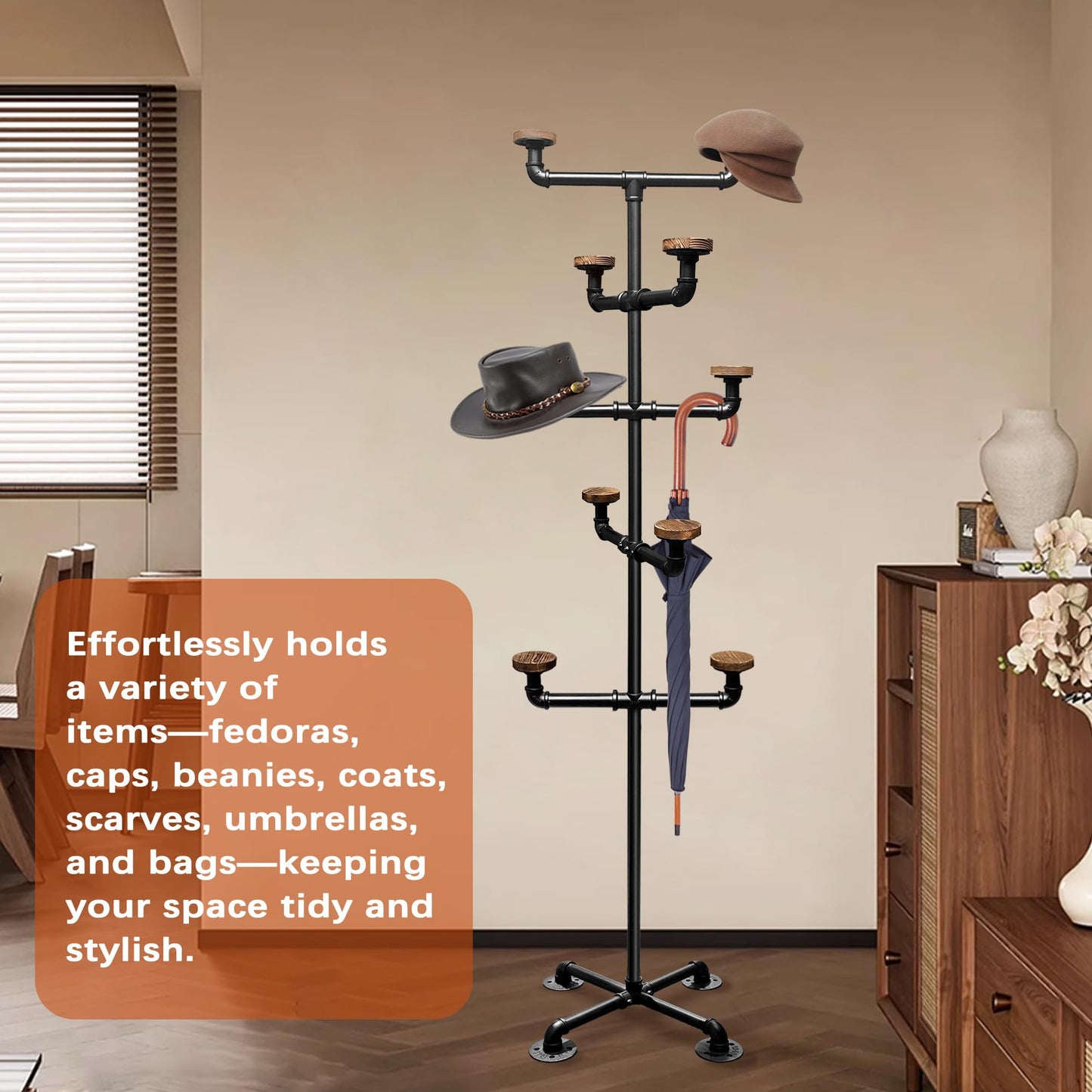 Montex Hat Rack Stand, Metal Hat Display Rack, Standing Hat Rack with 10 Hooks, Pipework Hat Stands for Hanging Hats and Wigs，Black