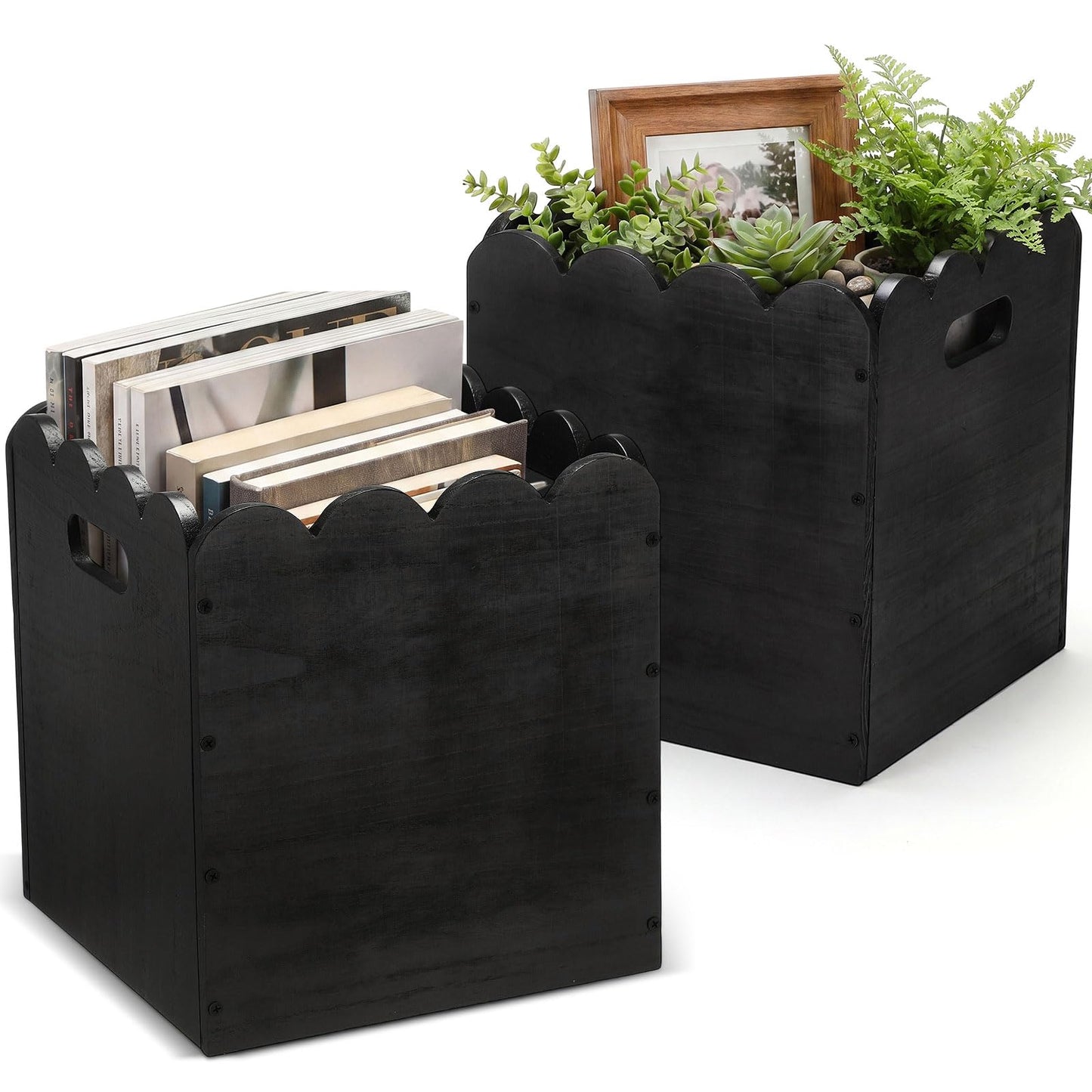 LemonRoad 2 Pcs 11 Inch Wooden Storage Bins with Scalloped Edge Stackable Wooden Storage Cubes Black Decorative Wood Crates for Book Shelves Vinyl Records, Pantry Closet Toys, Easy Assembly