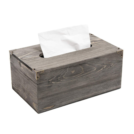 Liry Products Rustic Gray Distressed Wood Facial Tissue Paper Box Metal Corner Brackets Hinge Lid Top Cover Torched Wooden Holder Standard Size Rectangular Napkin Dispenser Bathroom Kitchen Bedroom