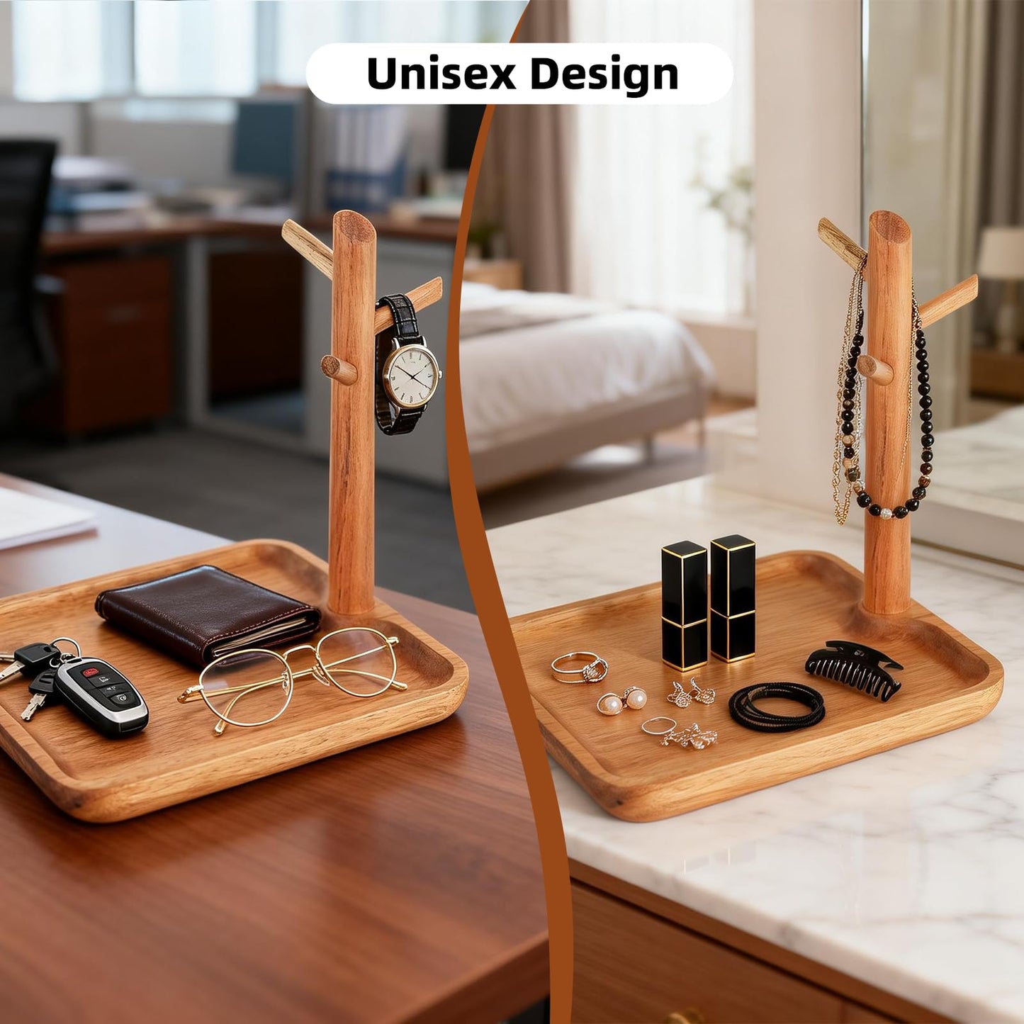 E-ROOM TREND Acacia Wood Key Tray for Entryway Table, Wooden Catchall Organizer with Jewelry Storage Rack, Valet Tray for Keys Wallet Watches Sunglasses Rings(Square)