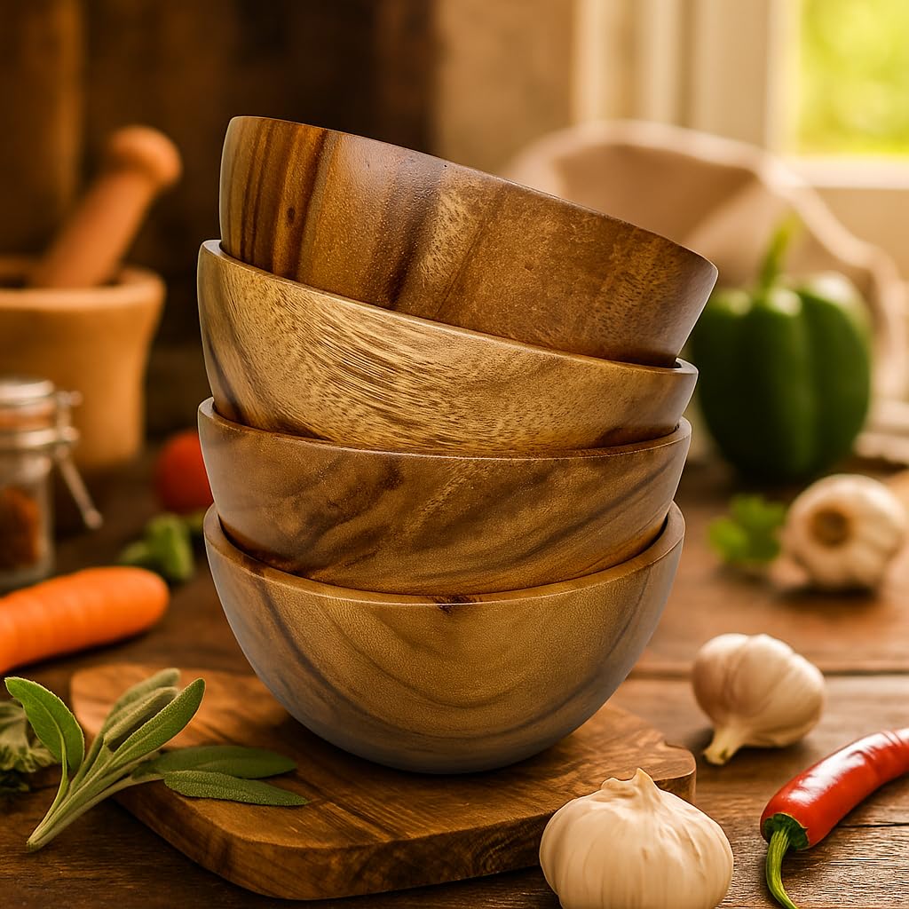 WRIGHTMART Small Wooden Bowls Set of 4, 5 Inch Solid Acacia Wood Bowls, Joint-Free Non-Laminated Snack & Dip Bowls, Handmade Rustic Bowls for Nuts, Desserts, Sauces & Side Dishes
