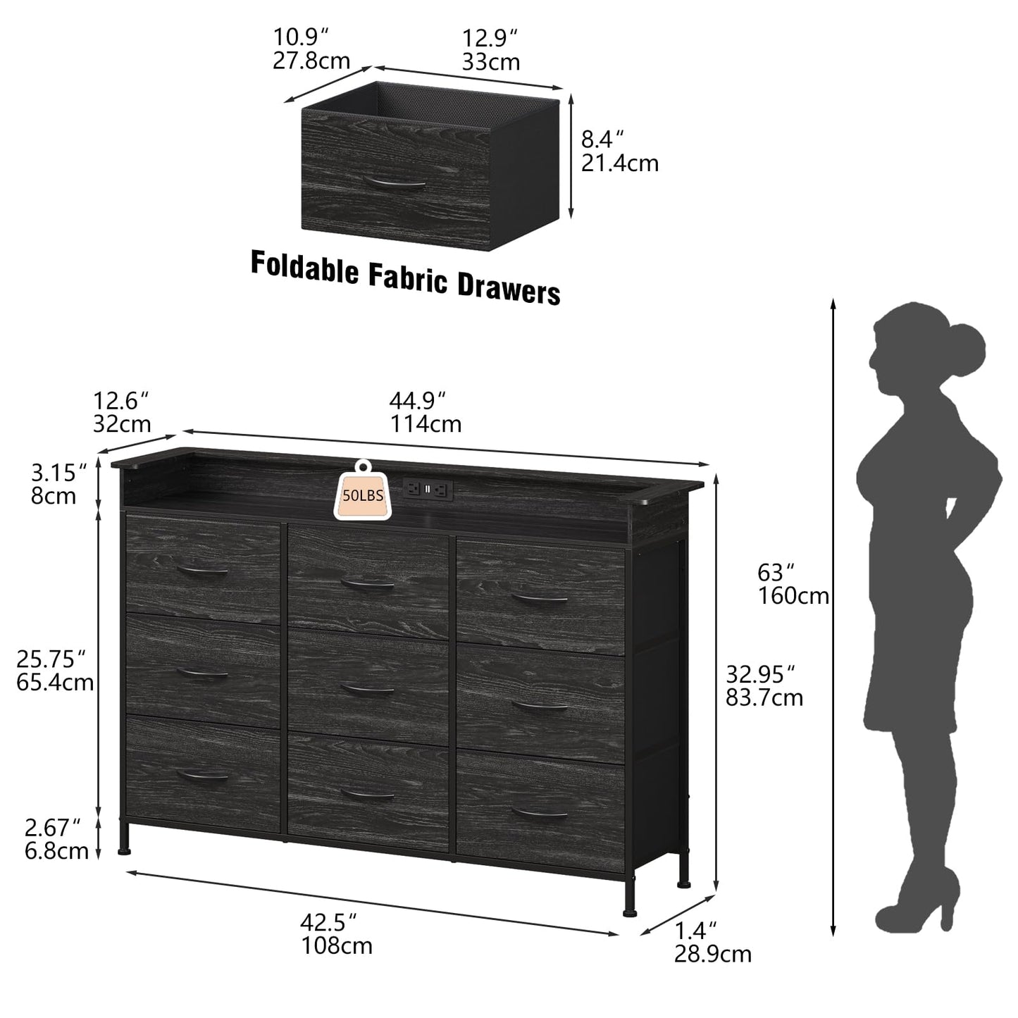 EXOTICA Black Dresser with Charging Station 9 Drawers Dresser with LED Light and USB Ports Fabric Dressers for Bedroom Hallway Entryway Closets Sturdy Steel Frame Wood Top