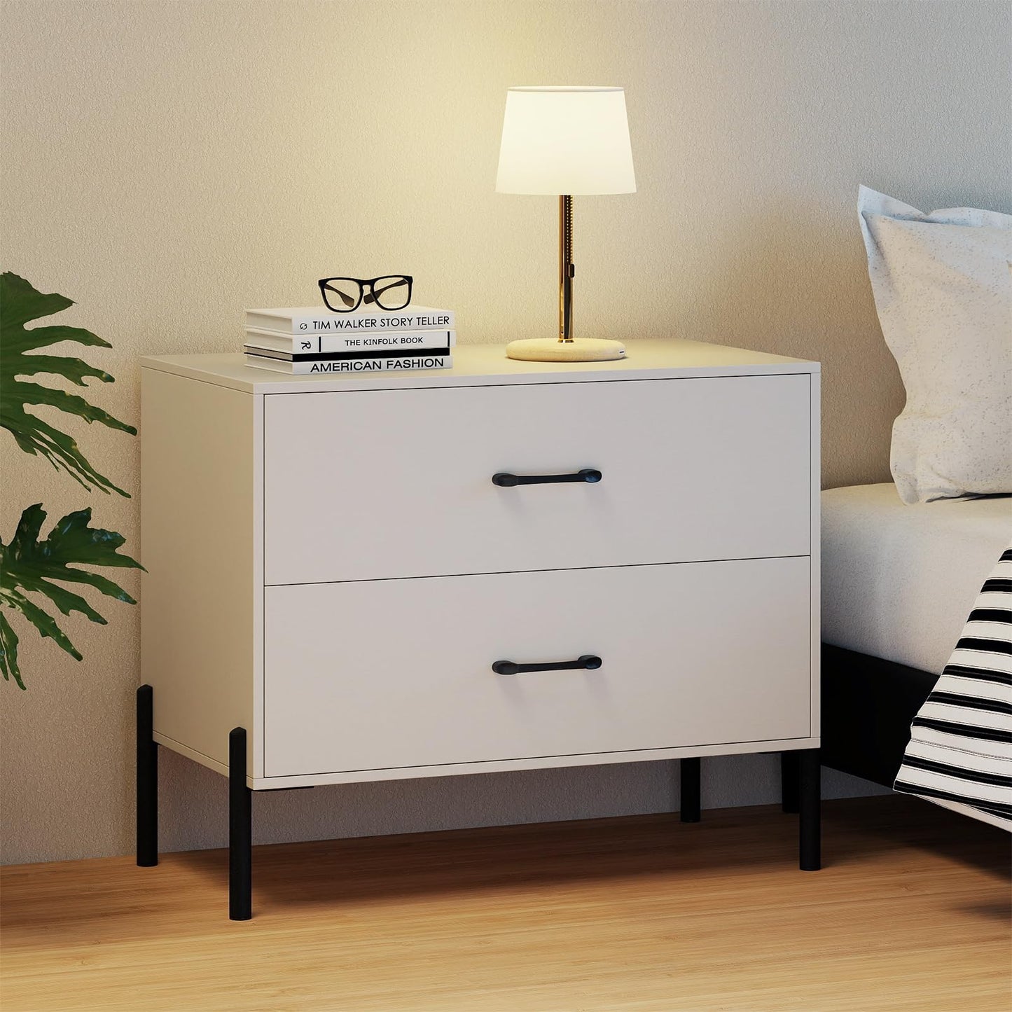 Giantex 2-Drawer Dresser, Modern Wooden Nightstand with Metal Legs & Handles, Anti-Tipping Kits, Compact Side Table, Small Dresser Chest of 2 Drawers for Closet, Bedroom, Sofa Side, Dorm (1)