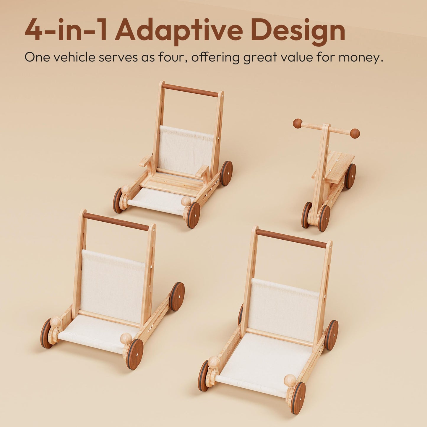 Woodtoe Wooden Baby Walker, 4-in-1 Montessori Baby Push Walker, Adjustable Speed Baby Push Toys, Wood Balance Bike, Educational Learning to Walk Birthday Toys Gift for Toddler 1 2 3 Year Old