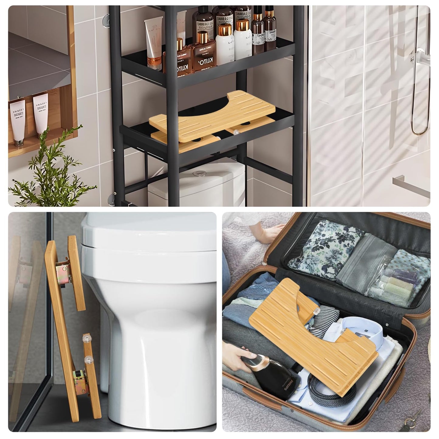 Foldable Toilet Stool, Bamboo Toilet Stool Squat for Adults, 7 Inches Poop Stool for Bathroom, Collapsible Potty Step Stool with Non-Slip Strip, Space-Saving, No Assembly (Natural)