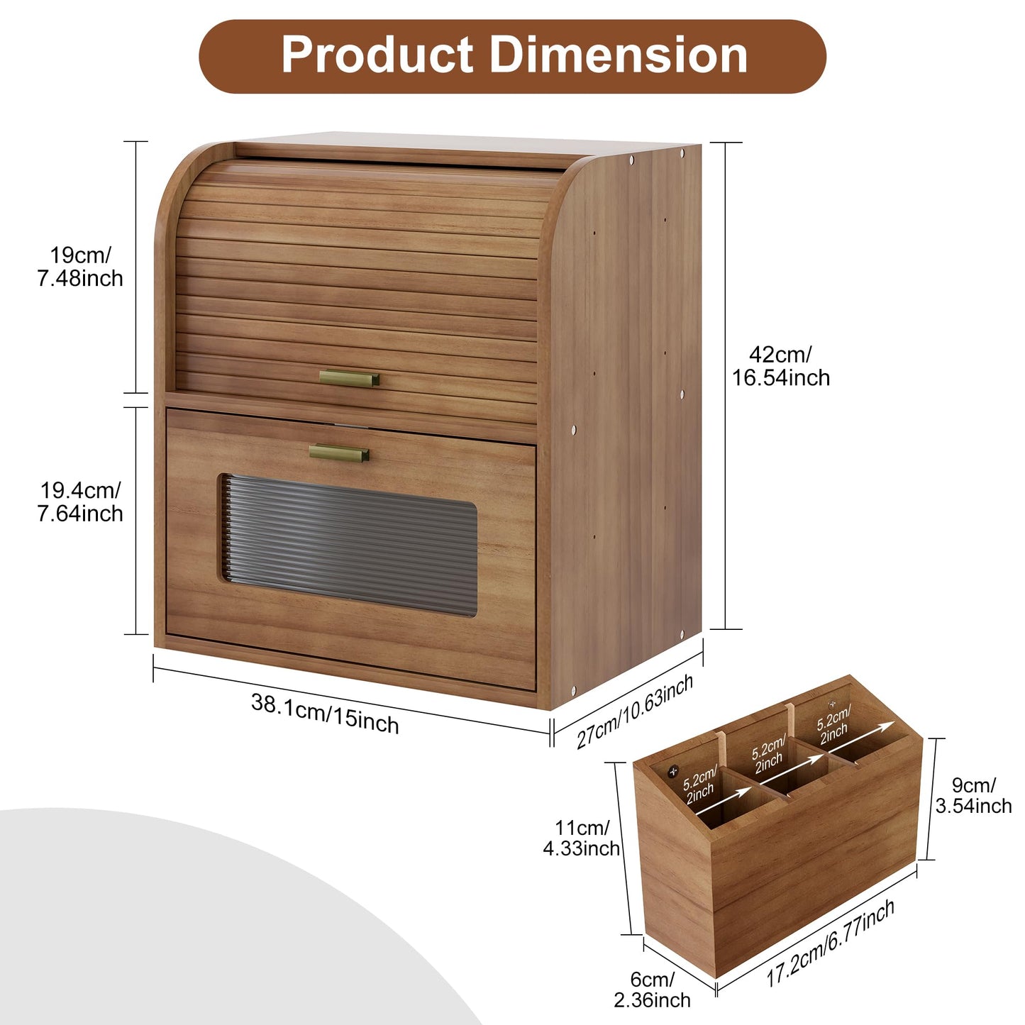 TQVAI Roll Top Bread Box for Kitchen Countertop, Keep Fresh Longer, Easy to Maintenance, Double Layer Vintage Wooden Breadbox with Window for Homemade Bread, Sandwich Loaves, Baked Goods (Retro Brown)