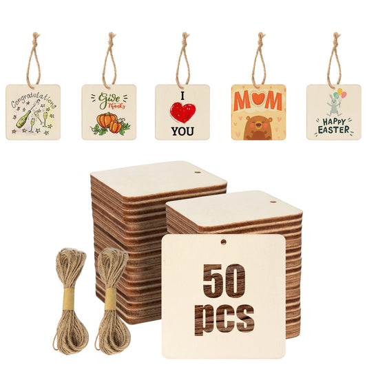 Luckforest 50 Pcs Square Wooden Tags, 3x3 Inch Unfinished Square Wood Slices Blank Square Wooden Slices with Holes, with Jute Twines for Sign Tags Home Party Hanging Decoration