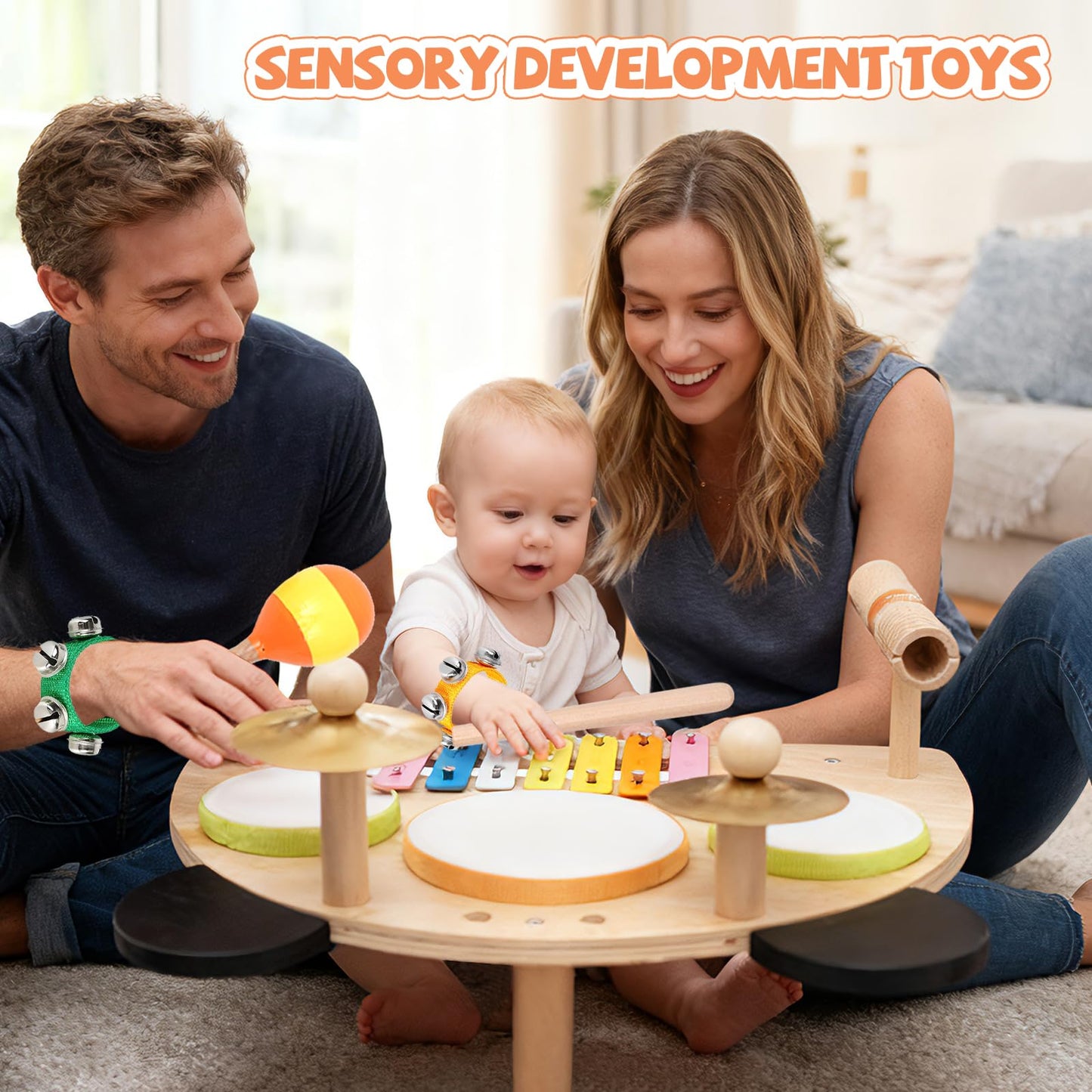 Kids Drum Set, Montessori Musical Instruments for Toddlers 1-6, Wooden Toys Montessori Music Table, Xylophone Drum Kit, Birthday for Boys Girls