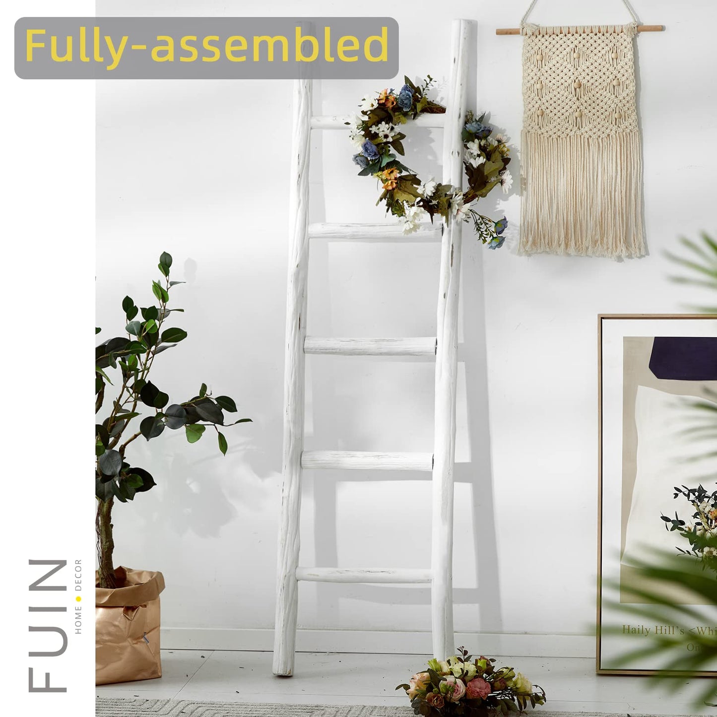 Rustic Farmhouse Blanket Ladder and Mini Countertop Towel Ladder Set, Fully Assembled Wood Decor for Home Storage and Display, White