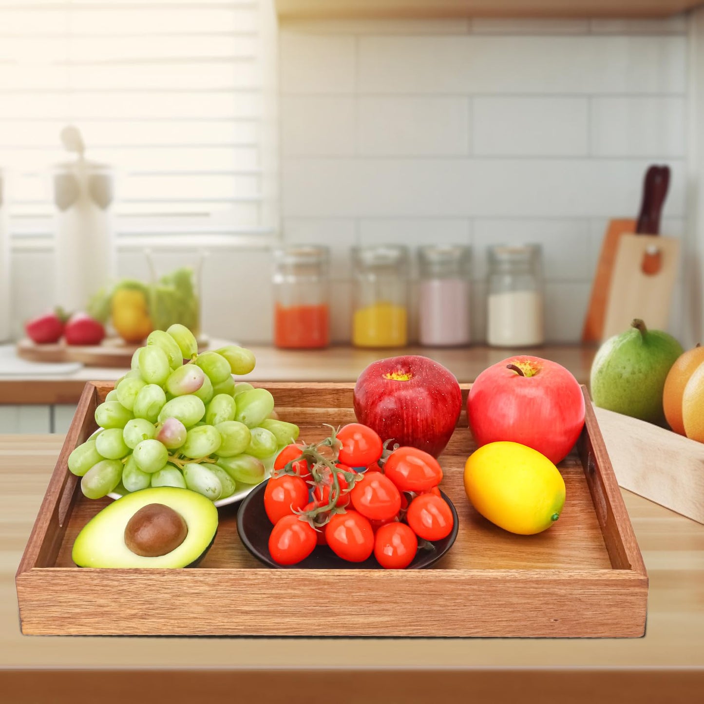 kukmakri 3 PCS Acacia Wood Serving Tray with Handles - 15 x 10 Inch Elegant Rectangle Wooden Tray for Food, Decorative Snack Tray, Breakfast and Kitchen Tray, Ideal Wooden Serving Platter for Homes