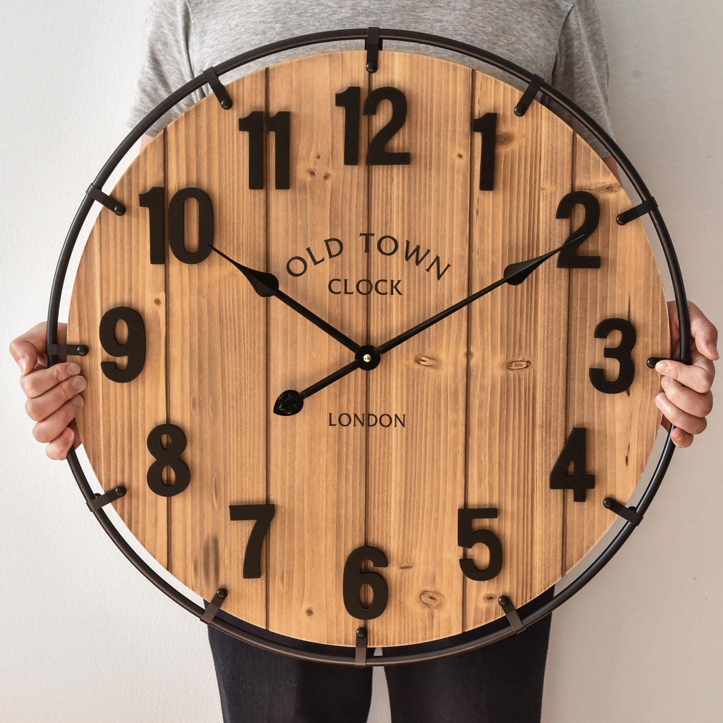 EMAX HOME Large Old Town Farmhouse Wall Clock 24 Inch Rustic Antique Wood with Metal Circle and Large Numerals Silent Battery Operated Wall Clock for Office Kitchen Bedroom Living Room