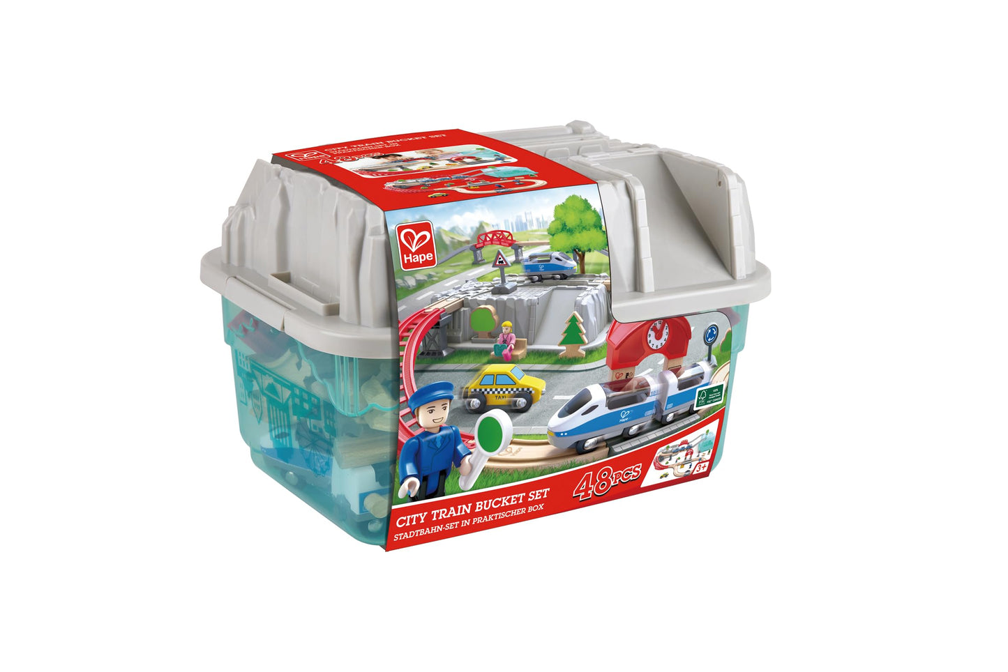Hape City Railway and Train Bucket Set Toy with Hoisting Magnetic Crane for Trains, Trucks, and Cargo for Kids Ages 3 and Up, Multicolor