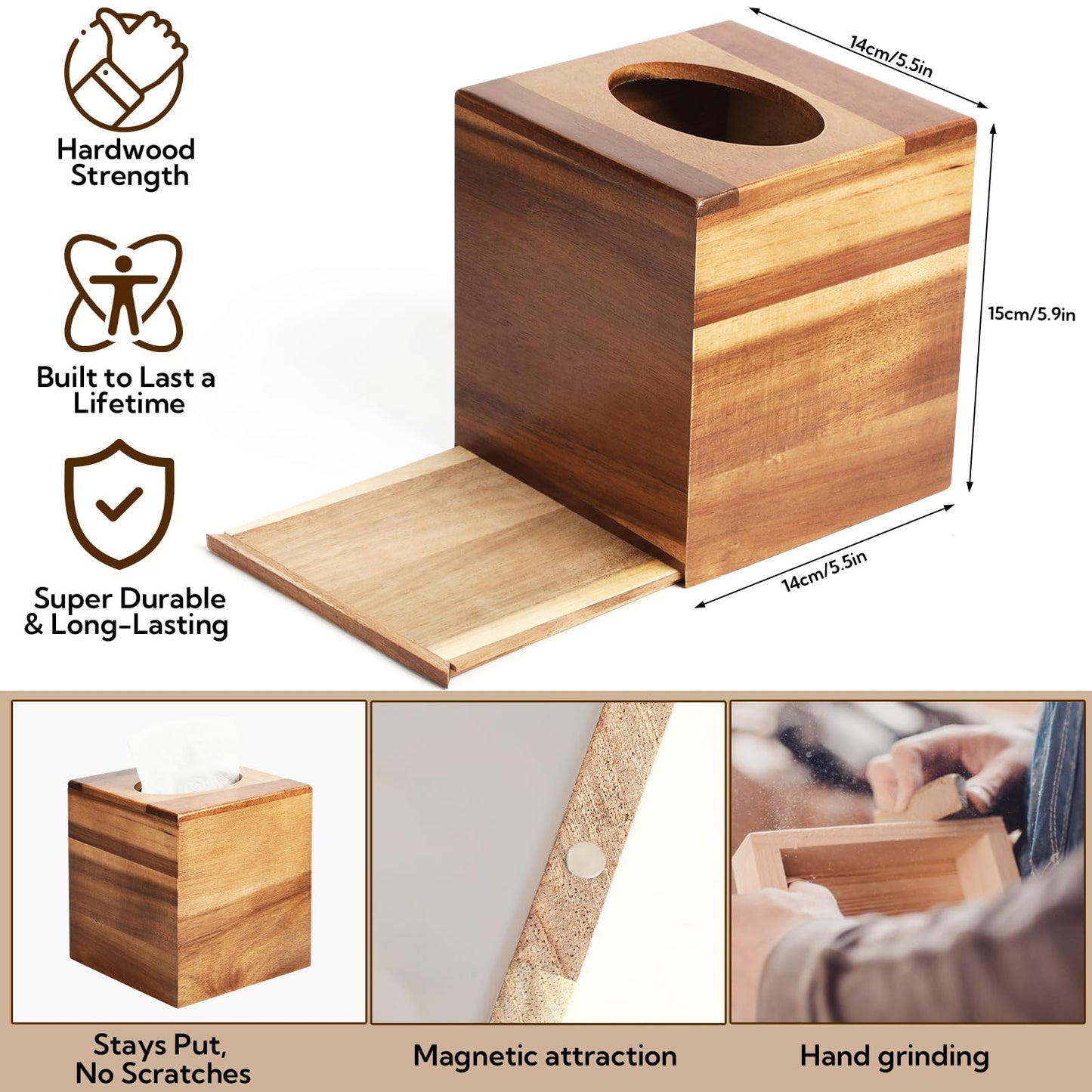2 Pack Wooden Tissue Box Cover Bulk Square - Acacia Wood Tissue Box Holder for Tabletop Stands Bathroom Office- Decorative Facial Wood Tissue Box Cover for Modern Farmhouse Decor