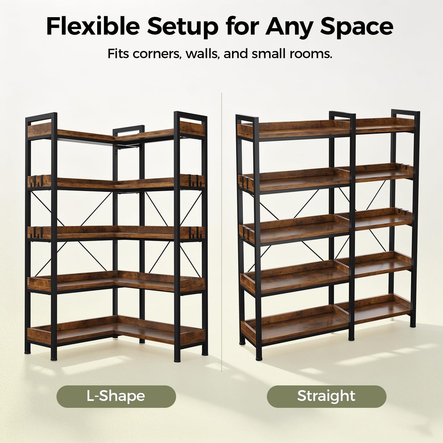 GTPLAYER 5-Tier Corner Bookshelf, L-Shaped Metal Frame Shelf with Tall 14" Shelves, Plant Stand and Storage Rack for Small Spaces, Living Room and Home Office, Brown