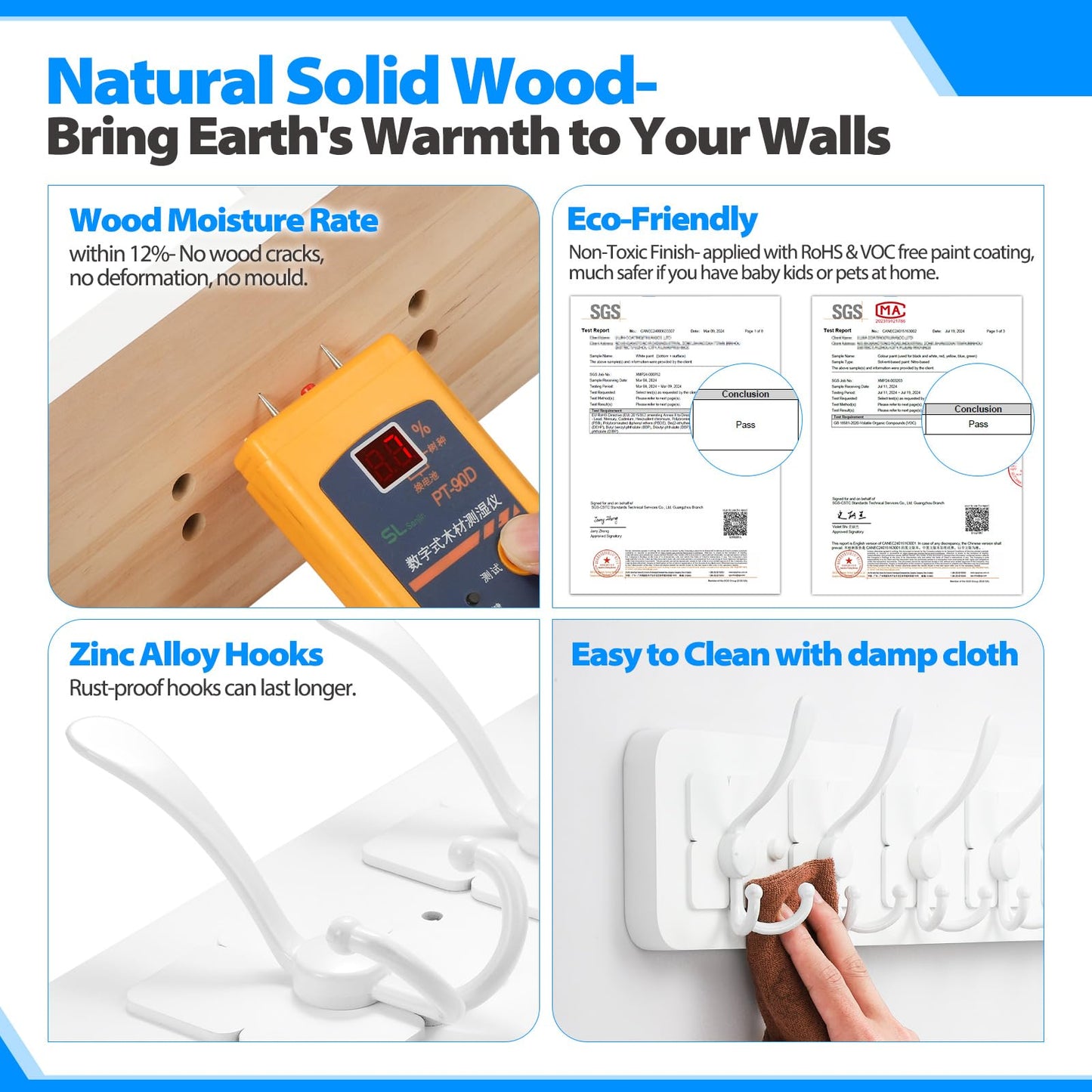 VIEBSOTG Solid Pine Wooden Wall-Mounted Coat Rack - Rustic Entryway Organizer with 6 Zinc Alloy Hooks, Space Saving Wall Coat Hanger for Jackets, Hats, Bags, Towels & Robes (White, 6 Triple Hooks)