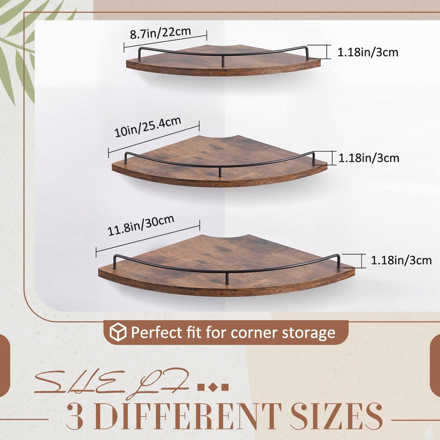 Novabright Corner Floating Shelf Set of 3 Rustic Brown Wood 9/10/12 in Corner Shelves Wall Mounted with Guardrail & Cord Hole Hanging Storage Display Shelves for Bedroom Kitchen Living Room Bathroom