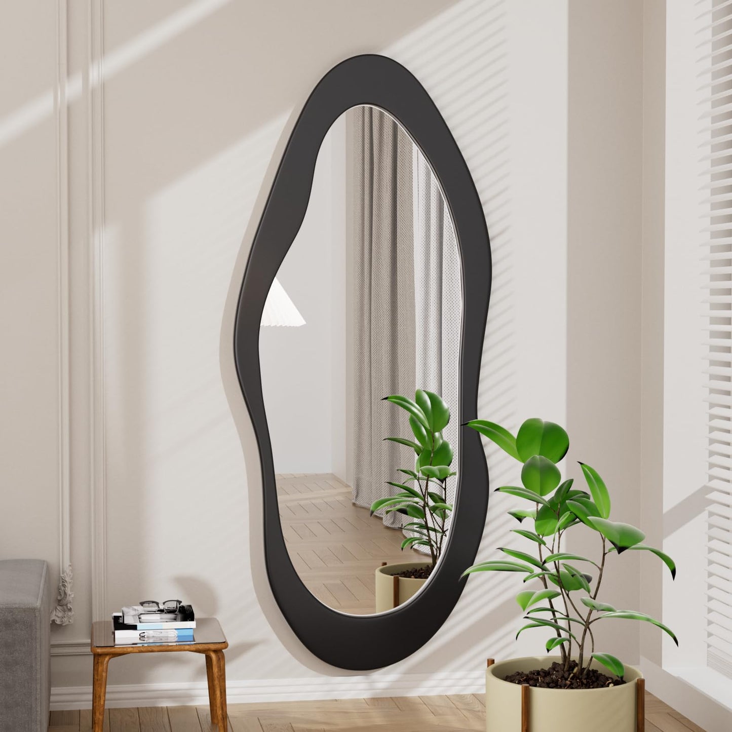 osemy 55"x 24" Irregular Wavy Full Length Mirror Black Wooden Framed Full Body Mirror Irregular Wall Mirrors Hanging for Bedroom Living Room Cloakroom