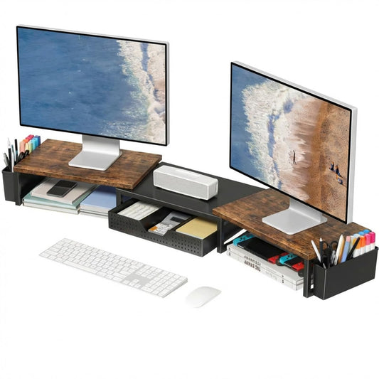 OPNICE Desk Organizers and Accessories, Dual Monitor Stand Riser with Drawer and 2 Pen Holders, Desk Shelf Wood Computer Racks for Office Workspace Organizers, Desktop Organization (Rustic Brown)