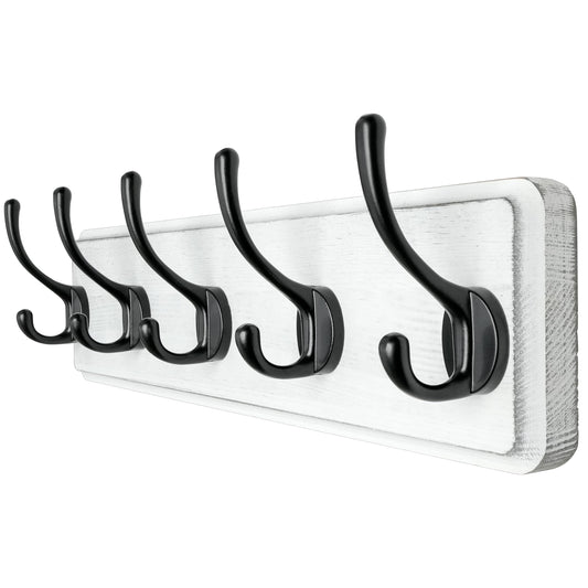 Dseap Coat Rack Wall: Patented, Heavy-Duty, 17.4" Long 5-Double-Hooks Wooden Wall Mounted Coat Rack Coat Hanger Hook Rail for Winter Coats Hat Jacket Clothing, White & Black