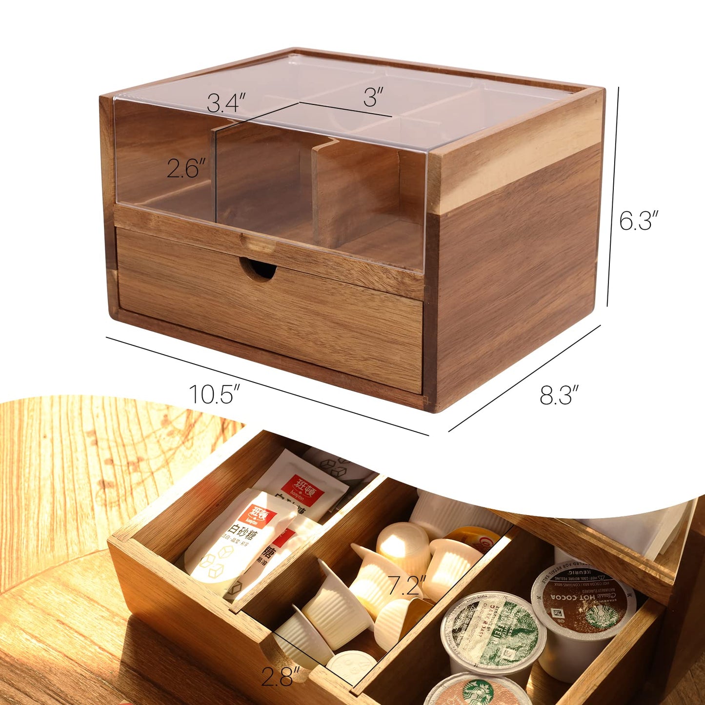 HTB Acacia Wood Tea Organizer 2 Tier with Drawer,Large Capacity