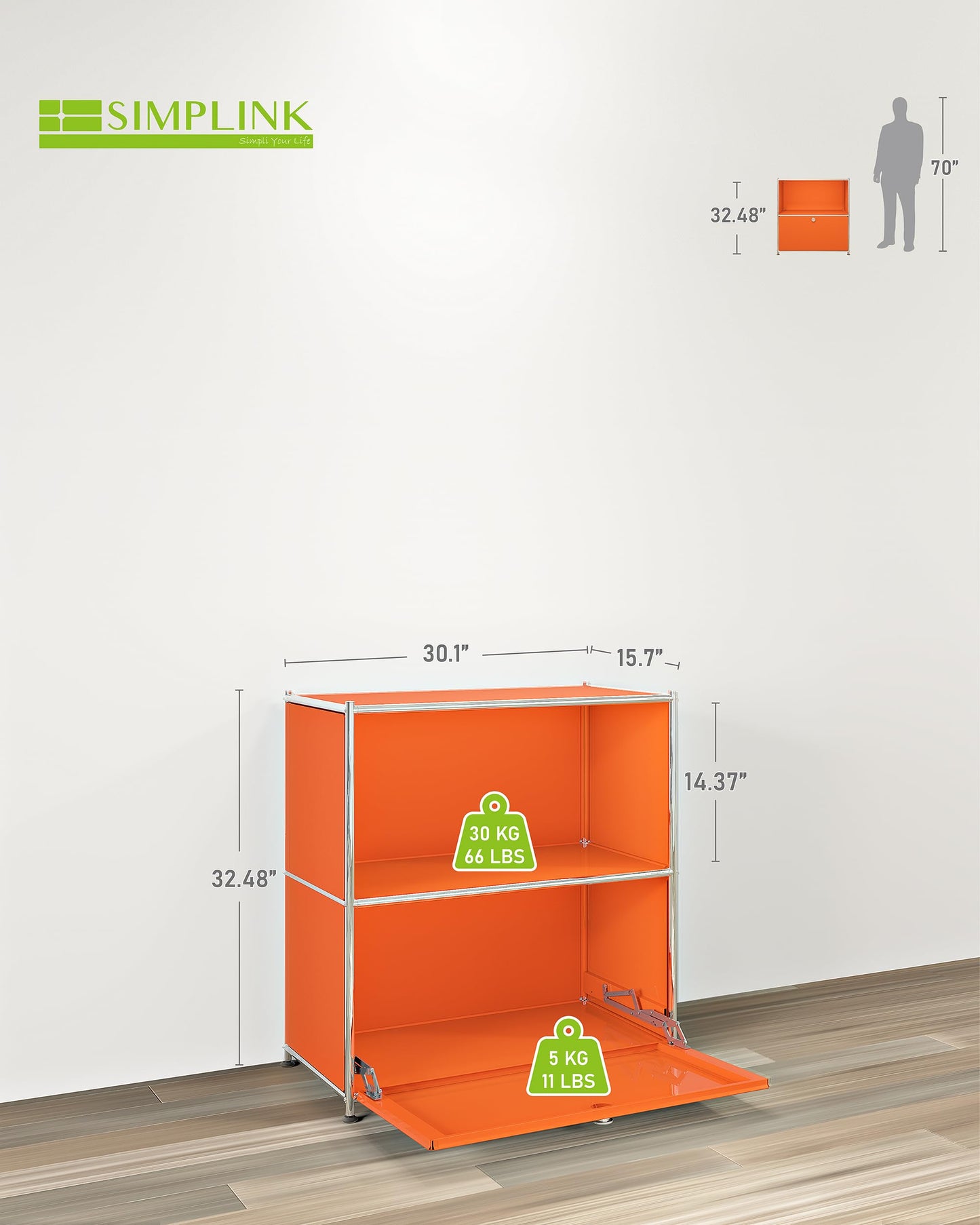 Simplink 32.5-Inch Flip-Top Storage Cabinet with Detachable Wheels, Metal Side Table and Small Sideboard Cabinet for Living Room, Bedroom, Office, Orange