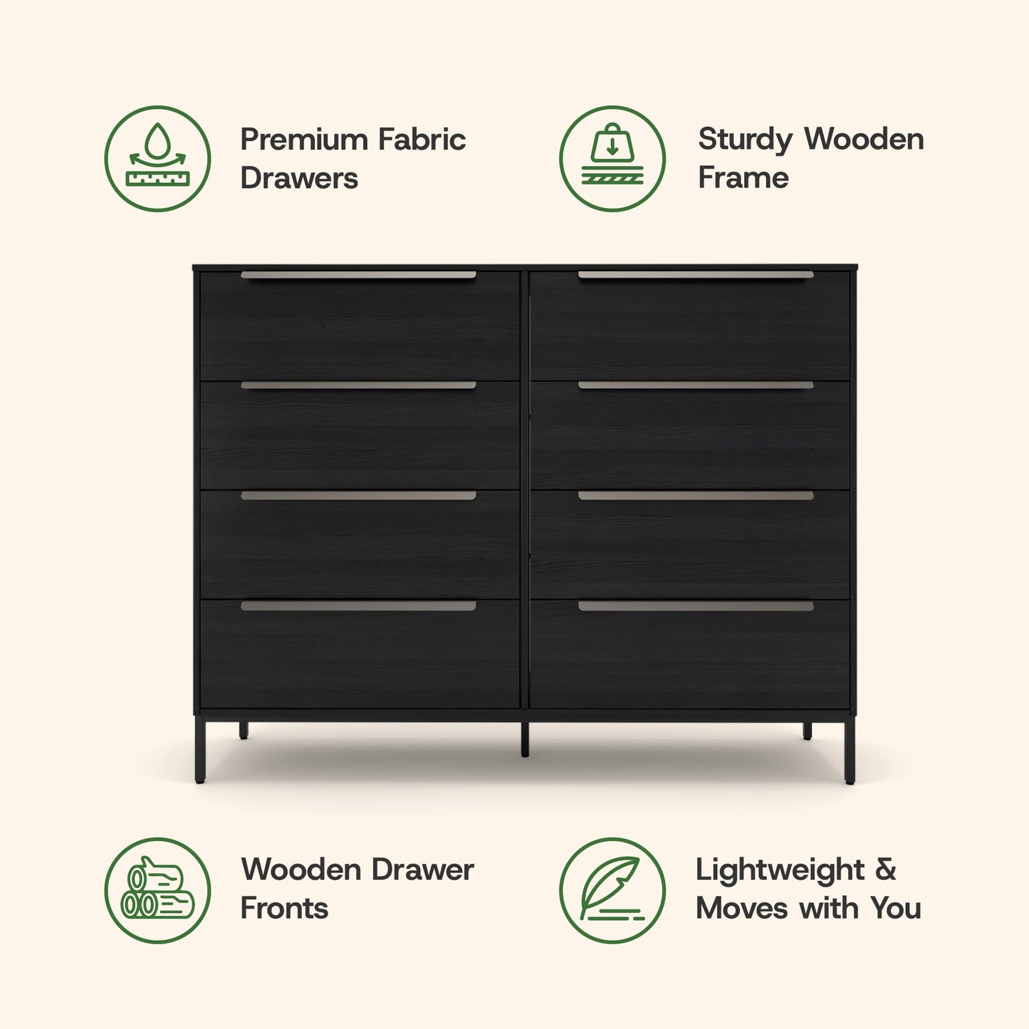 tinge Lira Premium 8 Drawer Fabric Dresser - Engineered Wood Frame Chest of Drawers for Bedroom - Strong & Sag-Proof Clothing Organizer with Sleek Metal Handles (Black)