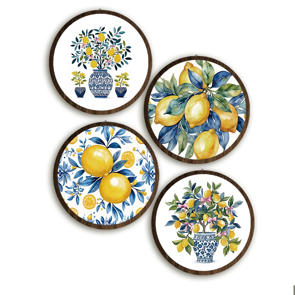 BIWSHA Italian Lemon Amalfi Coast Wall Art Decor, Mediterranean Lemon Botanical Coastal Beach Round Wooden Wall Hanging Decor for Kitchen Home Bedroom Living Room, 10 Inch Diameter Set of 4