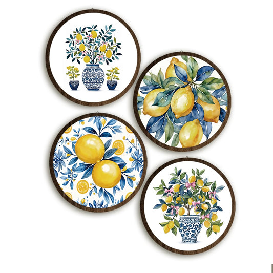 BIWSHA Italian Lemon Amalfi Coast Wall Art Decor, Mediterranean Lemon Botanical Coastal Beach Round Wooden Wall Hanging Decor for Kitchen Home Bedroom Living Room, 10 Inch Diameter Set of 4