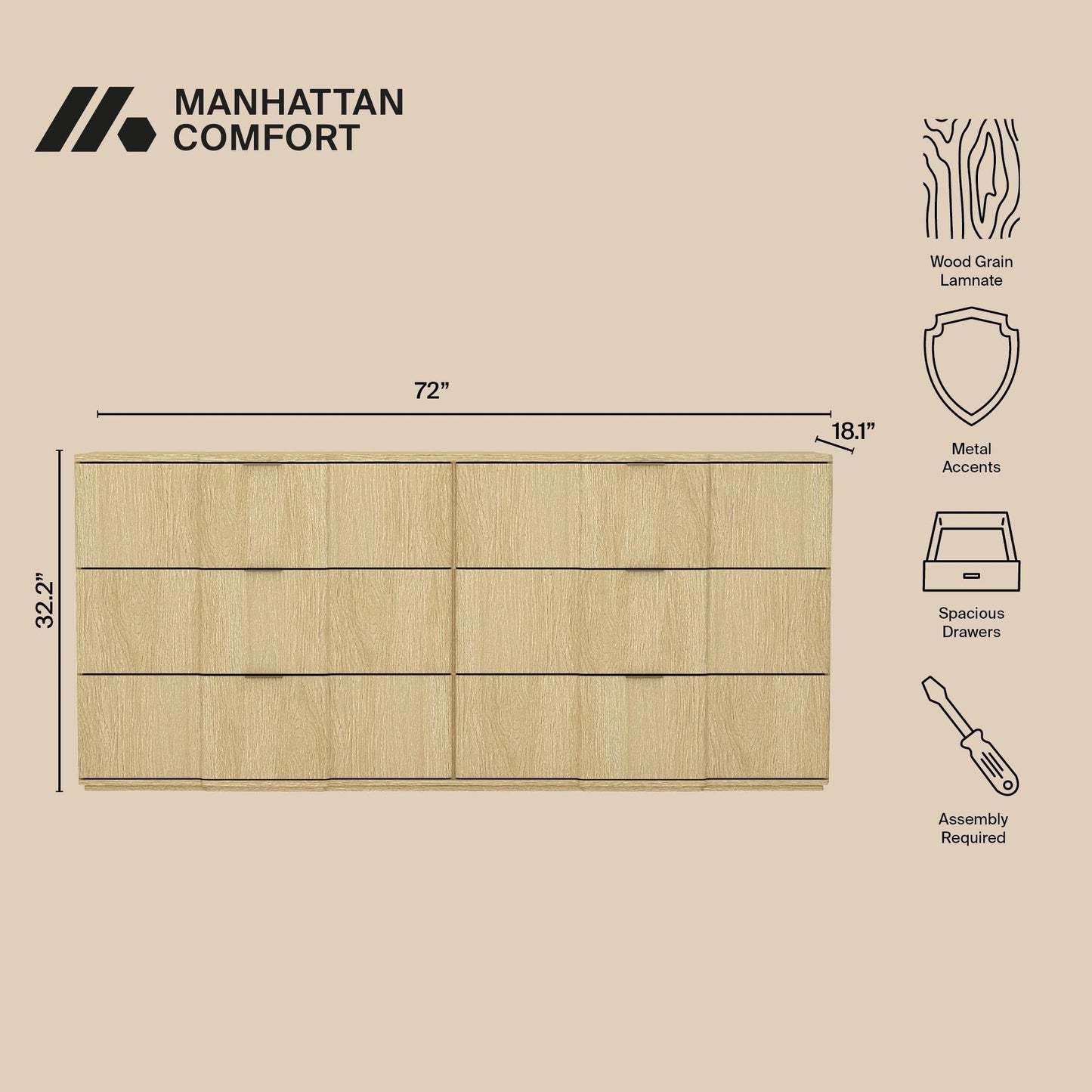 Manhattan Comfort Clive 72” Modern 6 Drawer Dresser, Wide Chest of Drawers with Sculpted Fluted Front & Accent Recessed Handles, Doubles as 70” TV Stand, Natural Oak and Gold