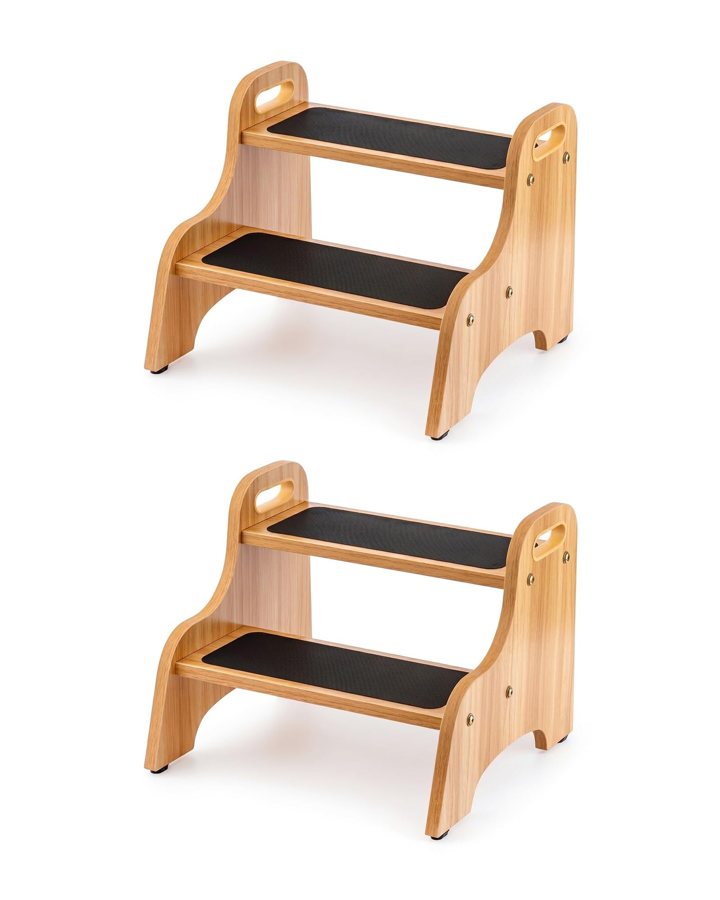 StrongTek 2 Pack Wooden 2 Step Stools, Non-Slip Surface, Skid-Resistant Foot Pads, 350 lb Capacity, Portable with Handles, Sturdy Step Stool for Kitchen, Bathroom, Bedroom and Home Use