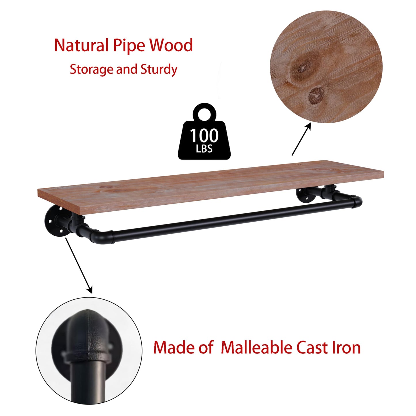 TEDIDUWA Clothes Rack 36in, Wall Mounted Garment Rack with Real Wood Shelf, Heavy Duty Hanging Clothes Rack, Multi-Purpose Hanging Rod, Space-Saving Closet Storage