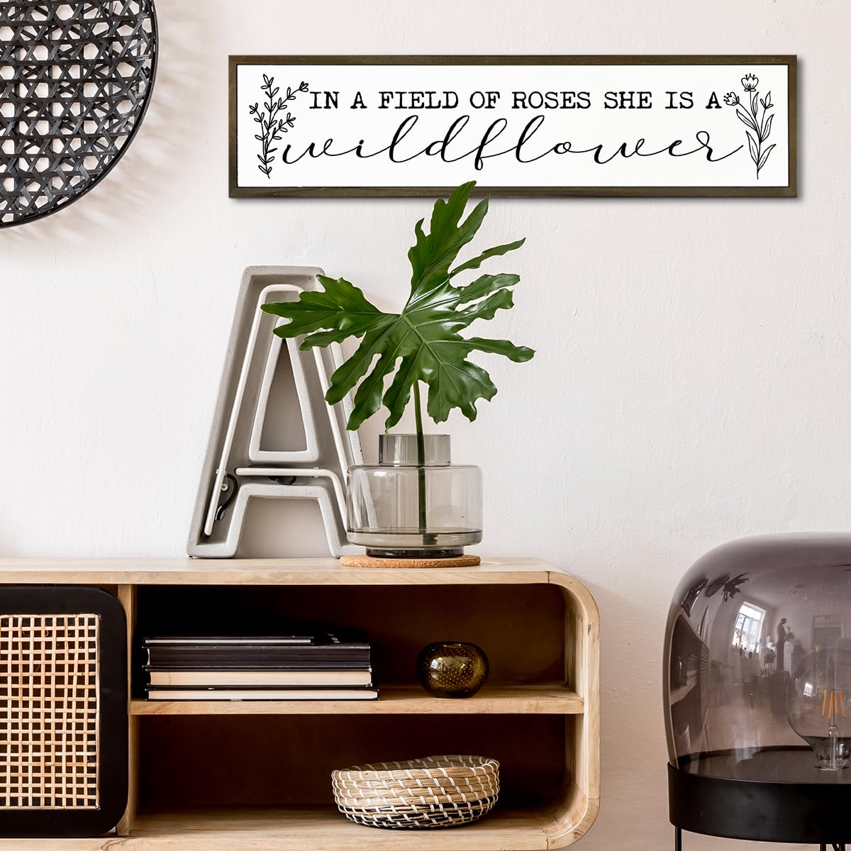 Inspirational Wood Sign, In A Field of Roses She is A Wildflower Sign, Bedroom Decoration for Wall, Girls Room Decor, Floral Home Decor, Decorative Wooden Wall Plaque 17.8x4x1.18 inches