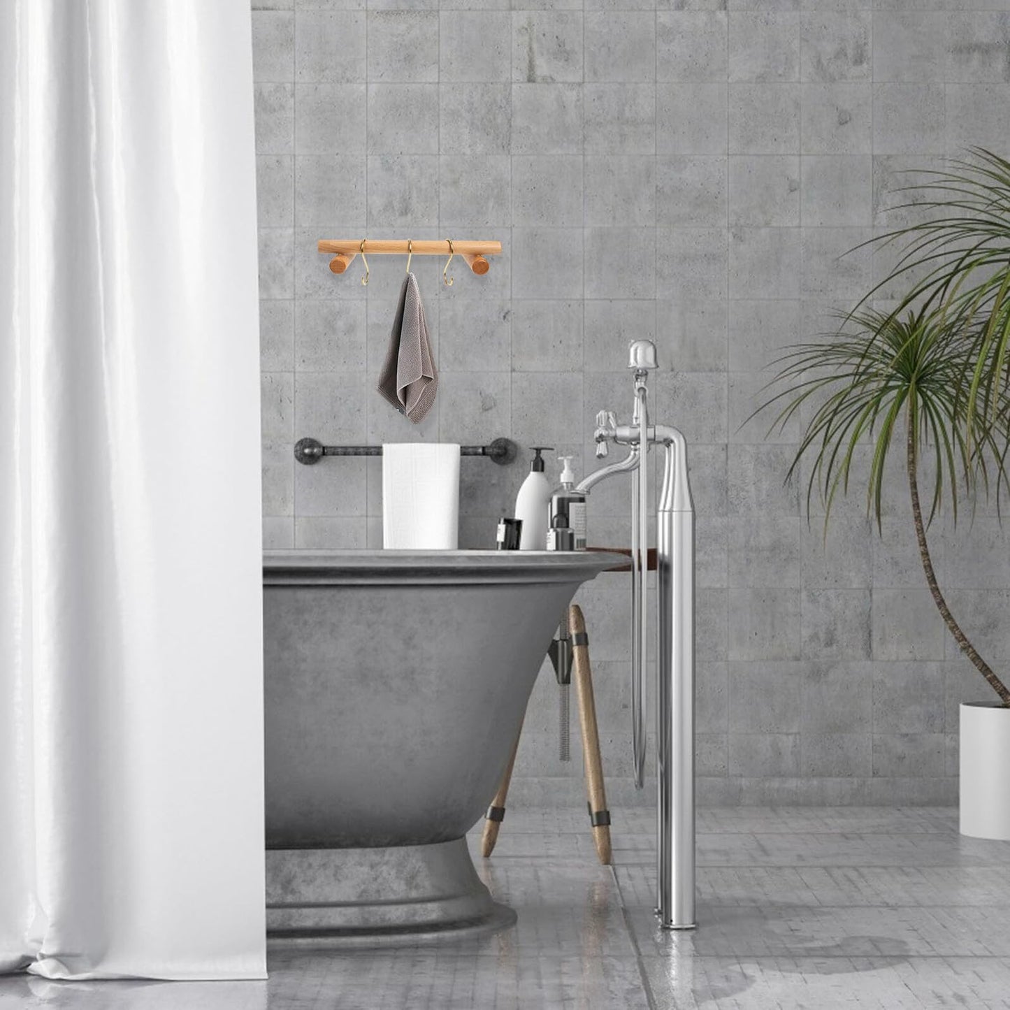 HOMOCONO Wooden Towel Rack Wall-Mounted Bathroom and Kitchen Towel Bar Installation with Brass S-Hooks Corrosion-Resistant Single Rod Holder for Quick Drying