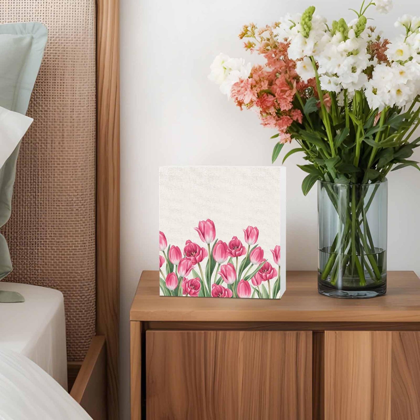 Wood Box Sign Desk Decor Rustic Spring Tulips Linen Texture Square Boxes Sign, Farmhouse Pink Flower Wooden Block Box Sign Decoration for Home Wall Tabletop Shelf Office Decor,6x6IN