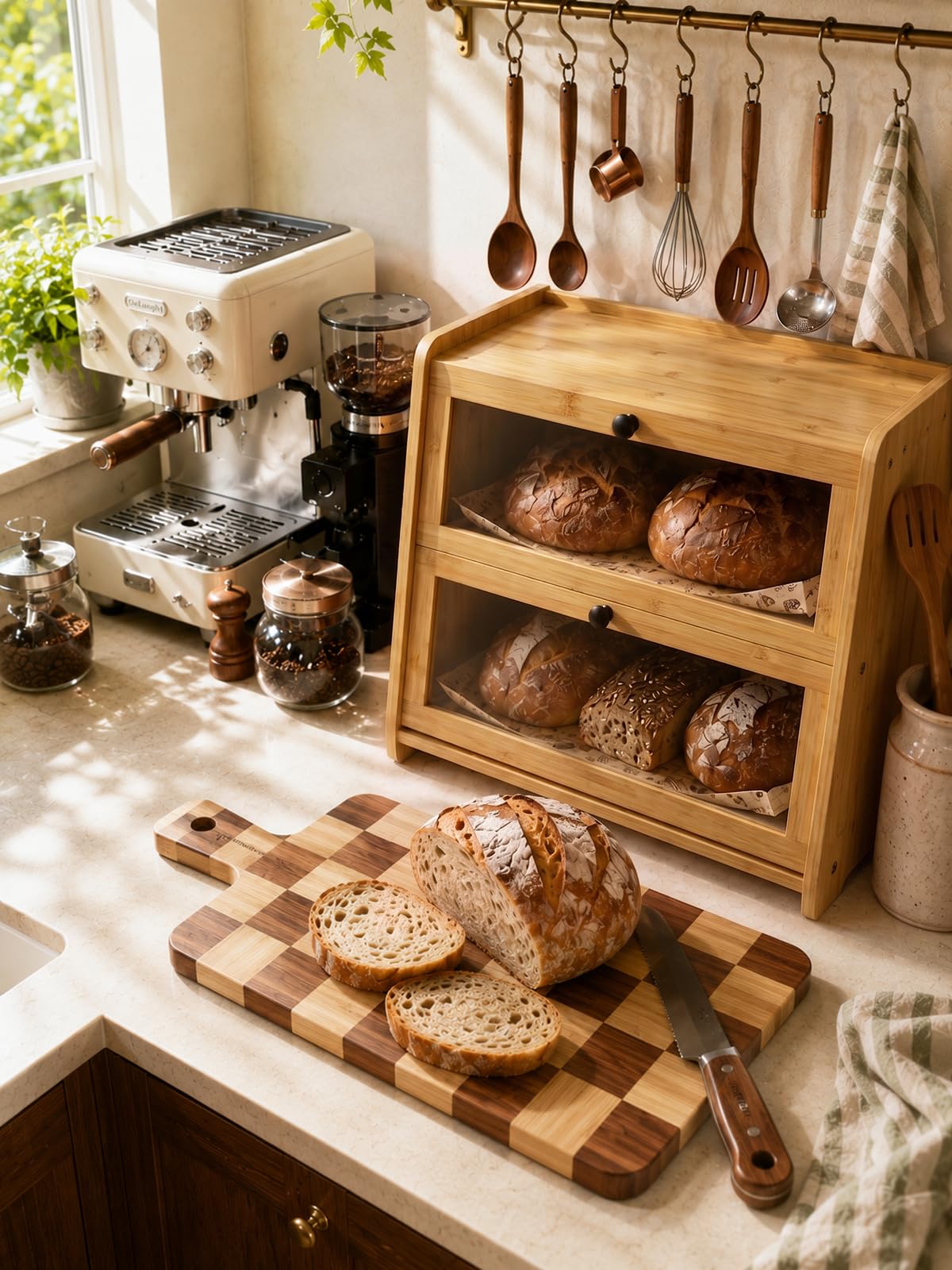 Plusinthebox Bamboo Bread Box for Kitchen Countertop, 2 Tier Large Capacity Wooden Bread Storage Container, Bread Keeper for Homemade Bread, Bagels and Pastries, Pantry and Coffee Bar Organizer