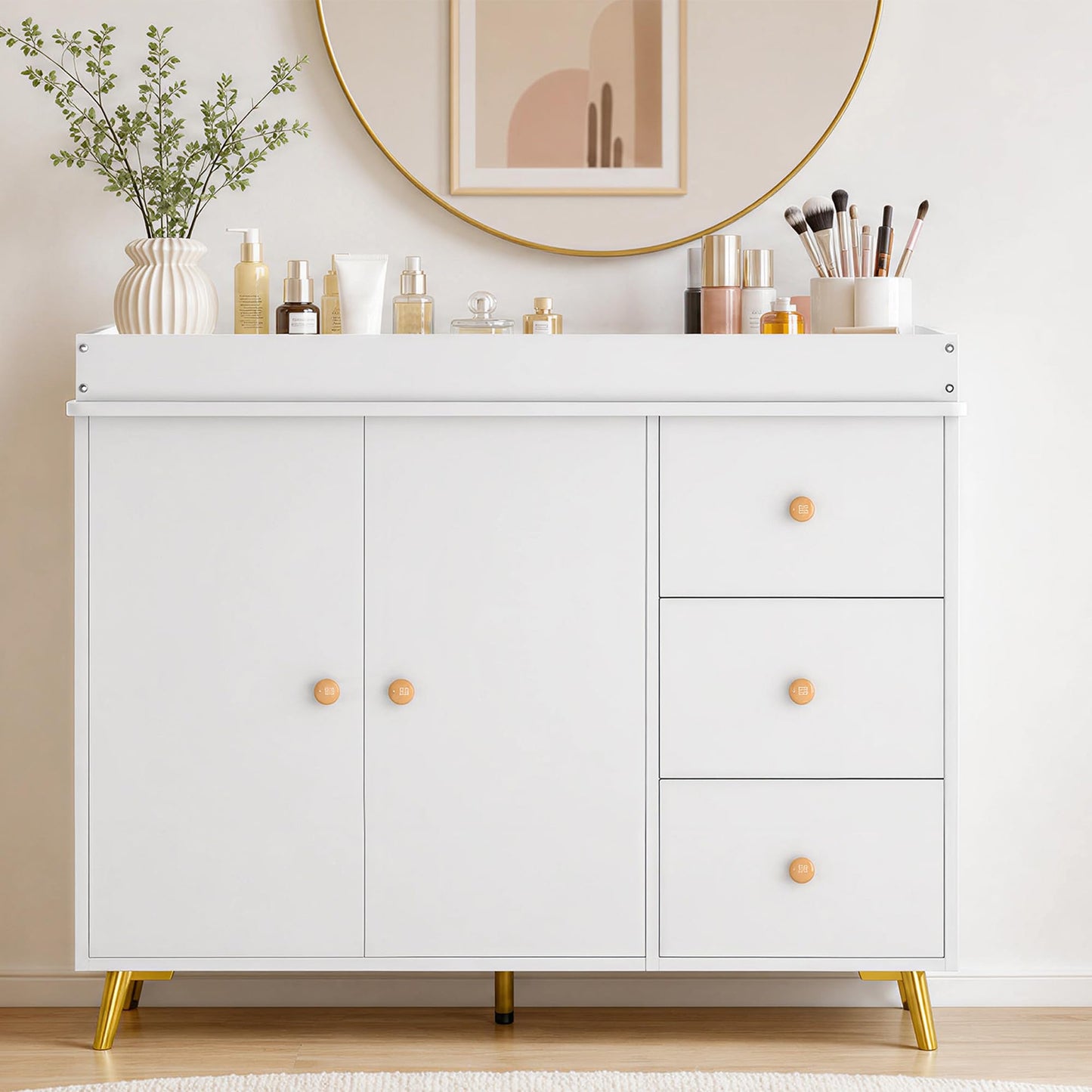 Garvee Baby Changing Table, White Wooden Dresser with 3 Drawers and Cabinet