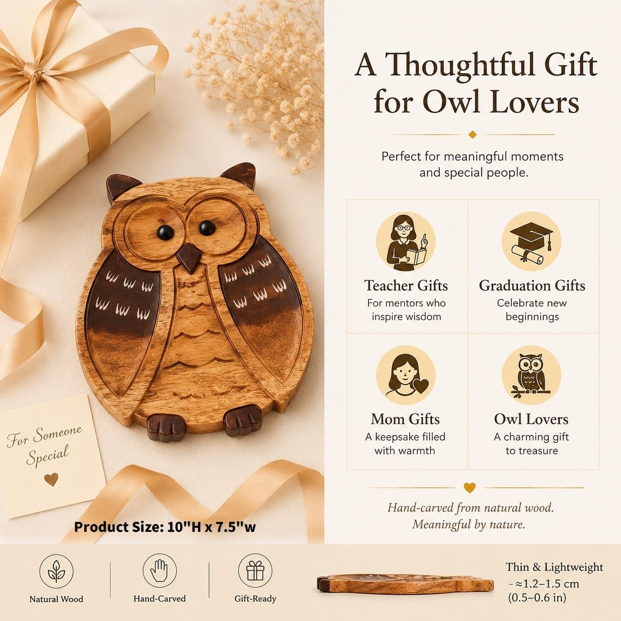 MMTONGZH Wooden Owl Tray, Hand Carved Symbol of Wisdom and Protection, Decorative Catchall Tray for Keys, Jewelry, Coins, Owl Gift for Desk, Entryway, Dresser