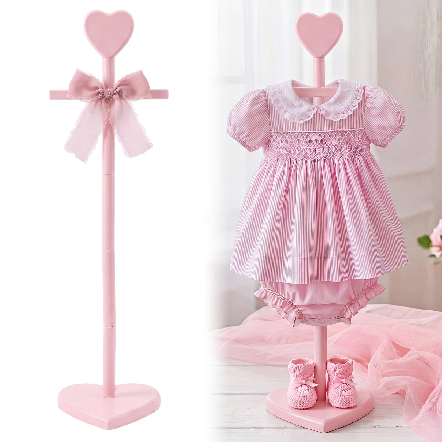 Fuutreo 2 Packs Baby Clothes Display Stands Heart-Topped Baby Shower Centerpiece Babies Clothes Rack with Bow Wooden Adjustable Outfit Hangers Display for Layette Dress, Hand Assembled (Pink)
