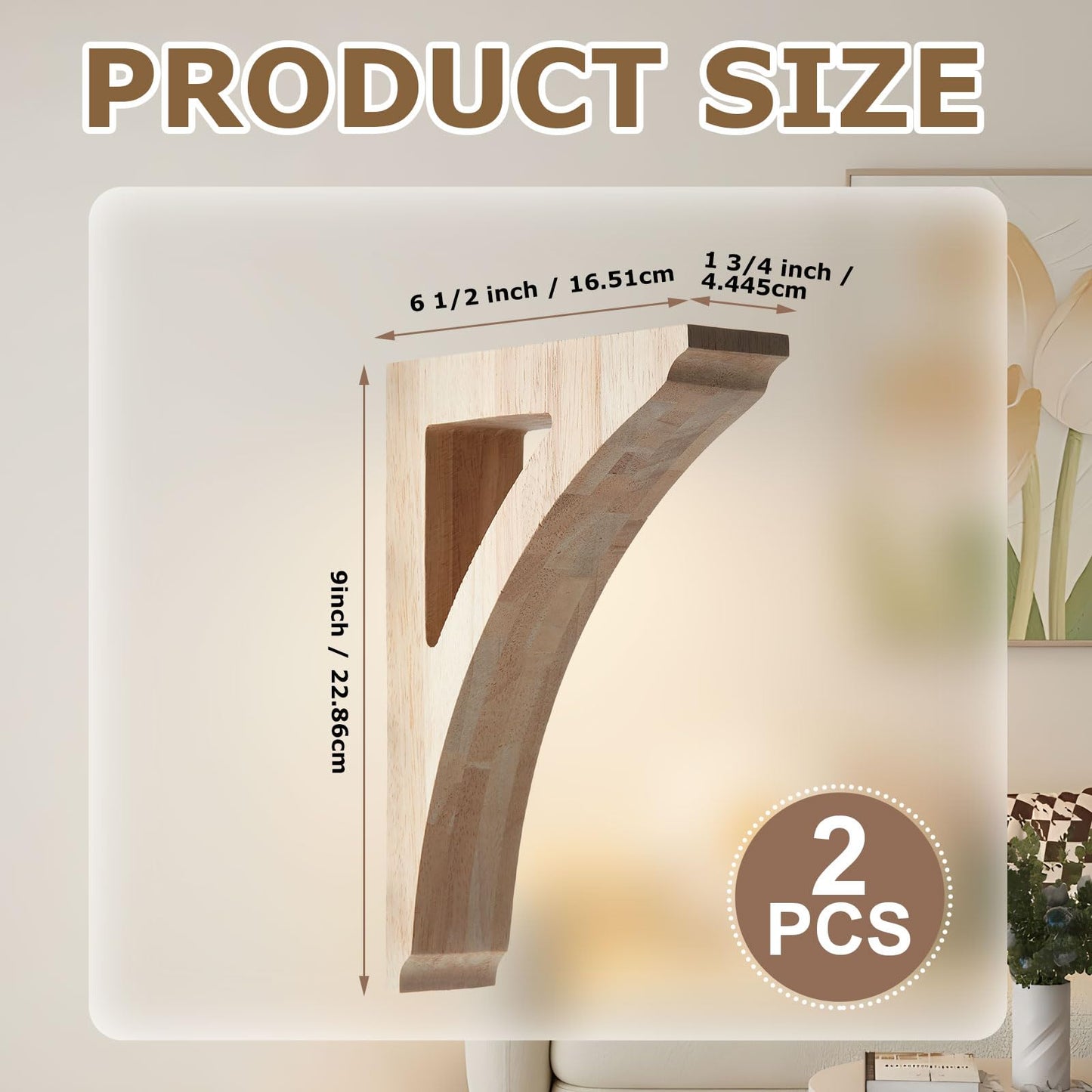 Briwooody 2 Pcs 1 3/4" W x 6 1/2" D x 9" H Wood Corbels Wooden Shelf Brackets Unfinished Paintable Decorative Shelf Brackets with Hanging Hook for Doorway Countertops Home Book Shelves Cabinet