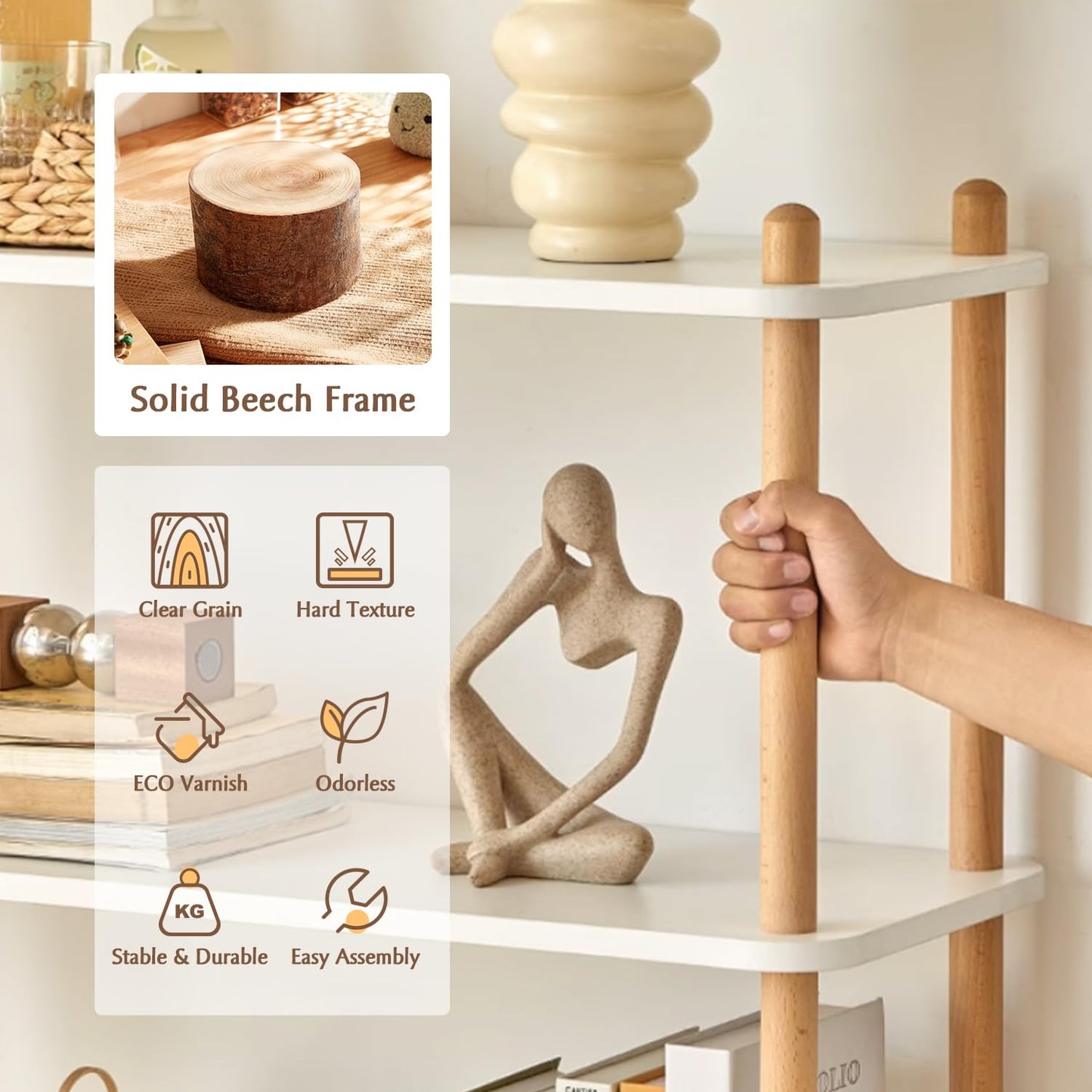 IOTXY 5-Tier Wooden Shelf Bookcase - Modern Open Bookshelf, Free Standing Storage Rack, Multifunctional Display Stand for Home and Office, White, Rectangle