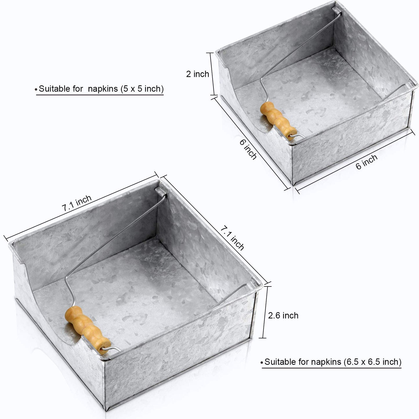 2 Pieces Farmhouse Napkin Holder with Wooden Handles Galvanized Silver Metal Napkin Holder Rustic Flat Square Design for Kitchen Tables Restaurants Indoor or Outdoor Dining