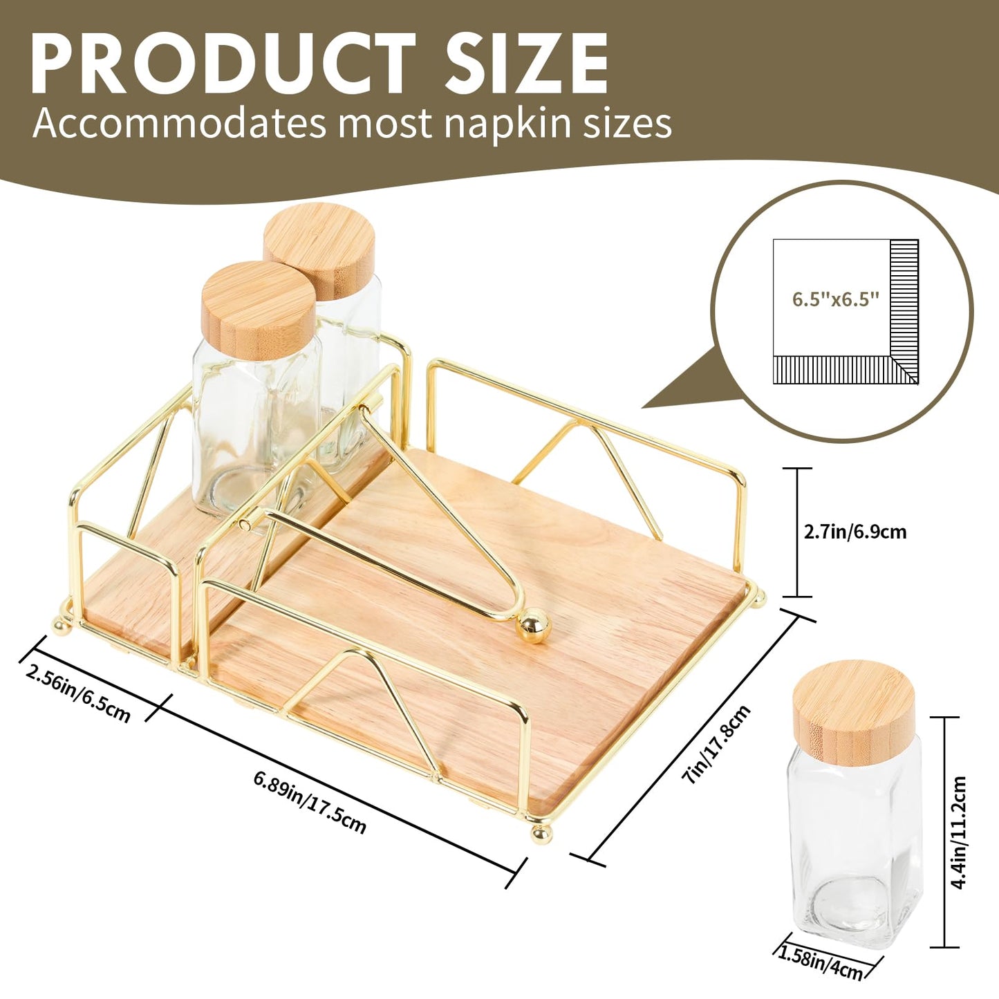 4 Piece Set Metal Napkin Holder with Salt and Pepper Shakers,Wooden Base,Modern Flat Gold Napkin Holder for Table,for Kitchen Table Decor,Cocktail,Bathroom,Party(Gold)