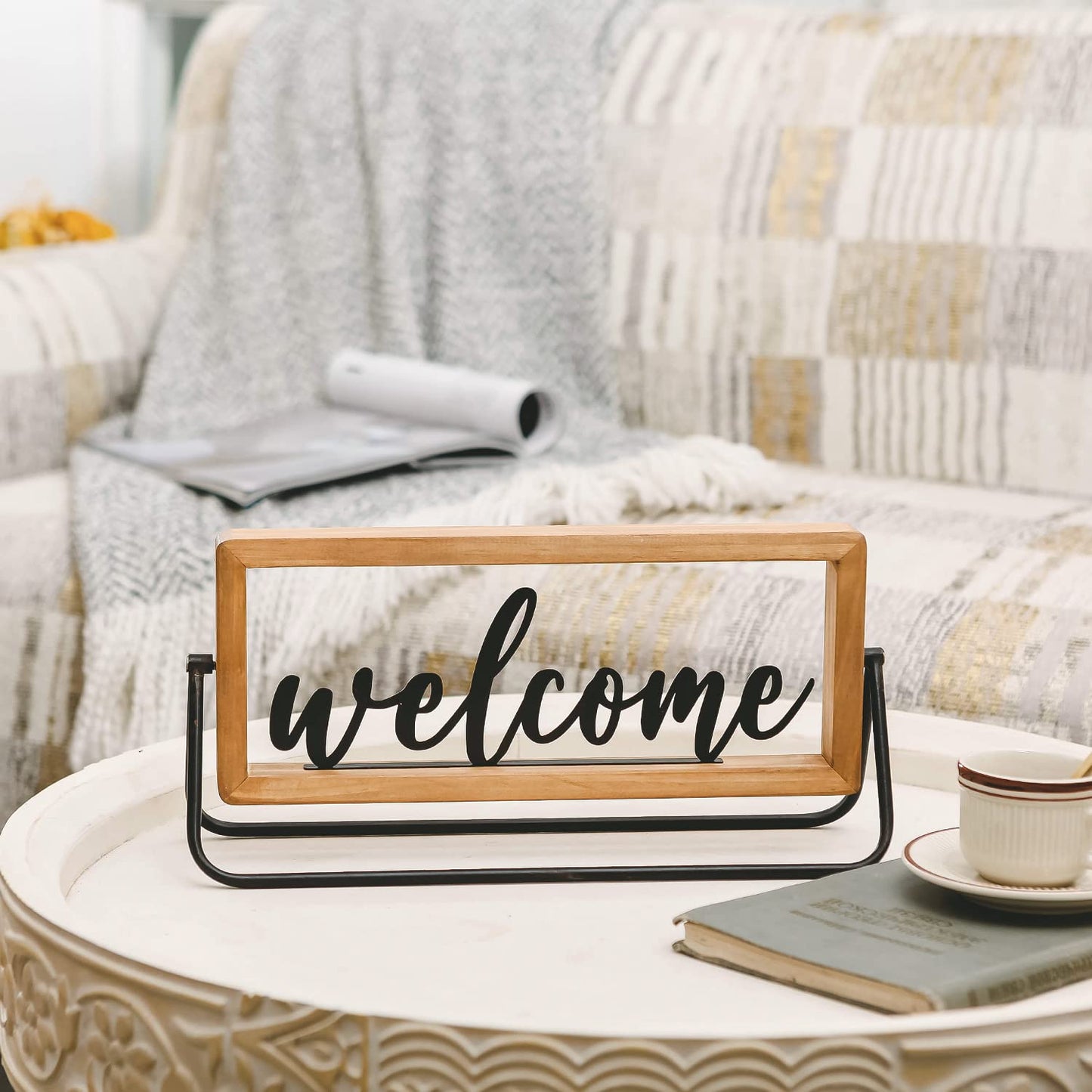 NIKKY HOME Wooden Welcome Sign, Rustic Table Signs Freestanding Word Sign Decorative Cutout Welcome Letters Sign for Home Ornament Entryway Living Room Indoor Decor