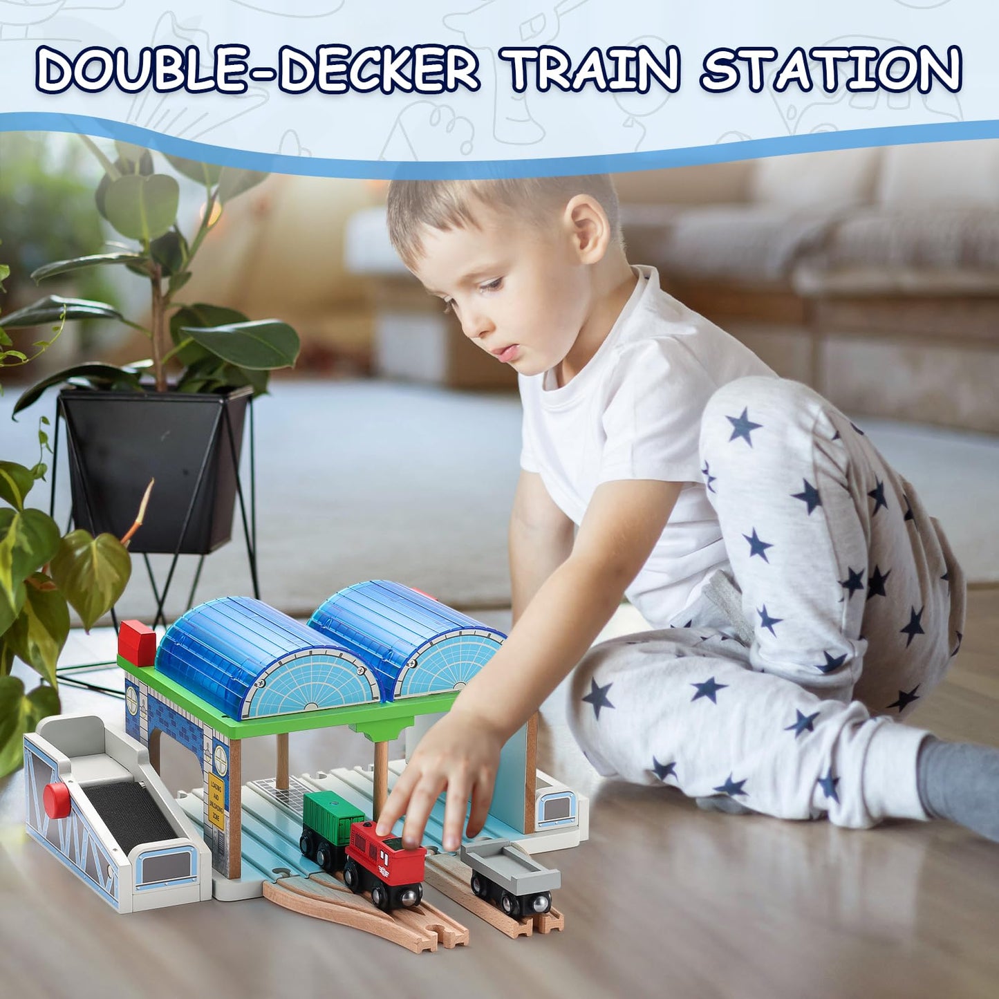 SainSmart Jr. Wooden Train Track Accessories - Premium Train Station with Double-Track Tracks and Conveyor Belt Fit for All Major Brands, Ideal Gift for Aged 3+