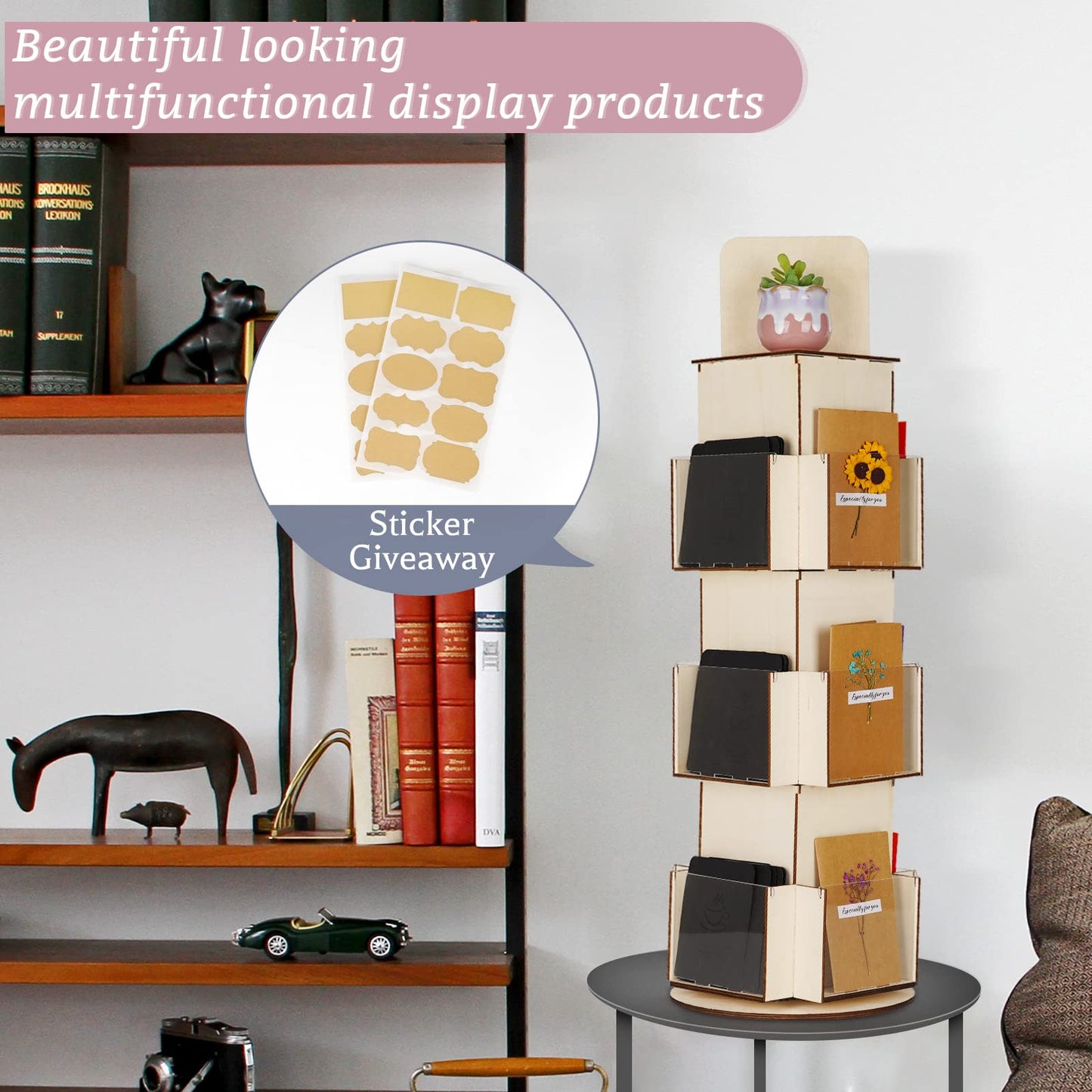 Natheeph Wooden Card Display Rotating Display Stand, 3 Tier Trading Card Display Stand, Greeting Card Display Stand for Vendors Card Collectors, Showing Sports Card, Brochure, Postcards, Sticker