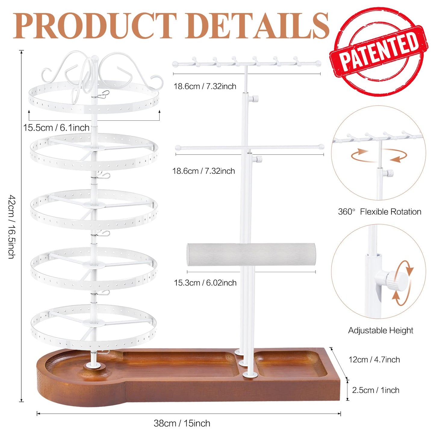 KALYLOC Jewelry Earring Holder Organizer, Adjustable 5 Tiers Rotating Earring Holder 3 Tier Necklace Holder with Wooden Base, Multi-Functional Jewelry Organizer Display Stand for Studs Bracelet Women