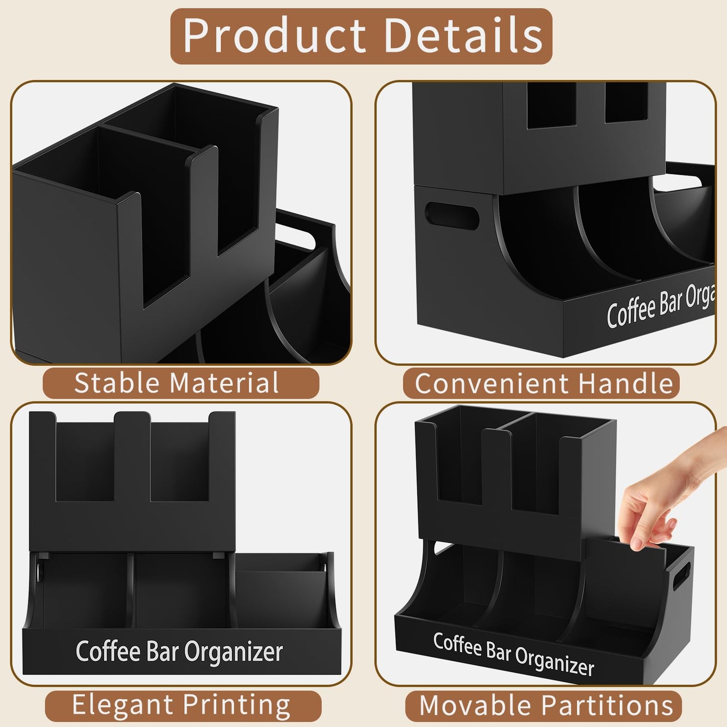 Busidhji Coffee Station Organizer, Wooden Coffee Bar Organizer for Countertop, Condiment and Cup Storage Organizer, Bar Accessories for Kitchen, Office, Home, Small Black