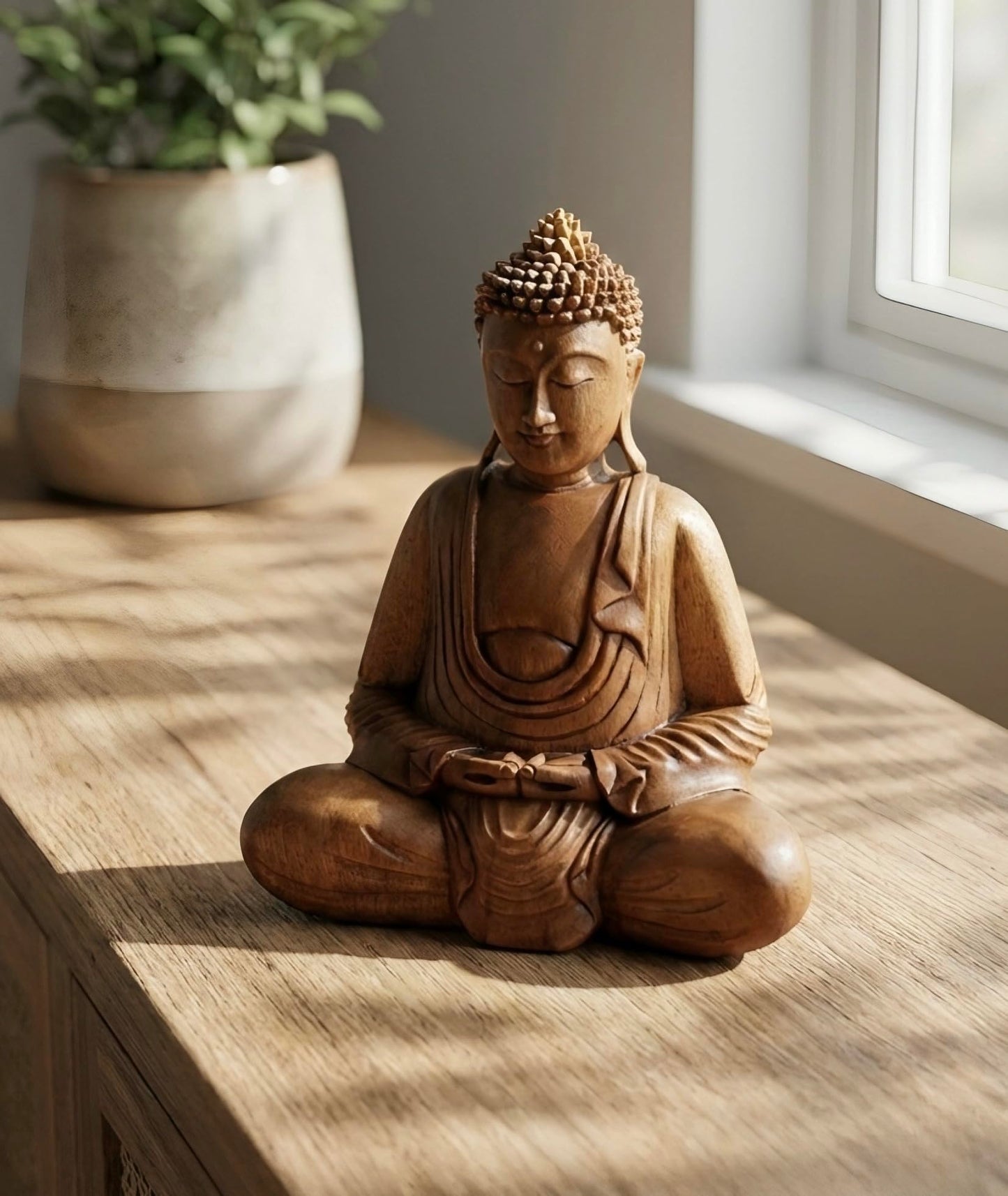 G6 Collection Wooden Serene Sitting Buddha Statue - Handmade Meditating Sculpture - Hand Carved Dhyana Mudra Figurine - Zen Home Decor Accent, Oriental Spiritual Home Room Decoration Gift (8" Tall)
