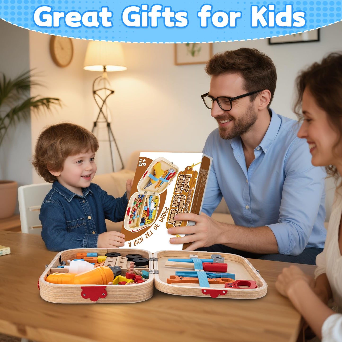 Kids Tool Set Toy for Boys - Educational Montessori Wooden Toddler Play Tool Box with Electric Drill - 59 Pcs STEM Construction Building Toys Christmas Birthday Gifts for 3 4 5 6 Year Old Boys Girls